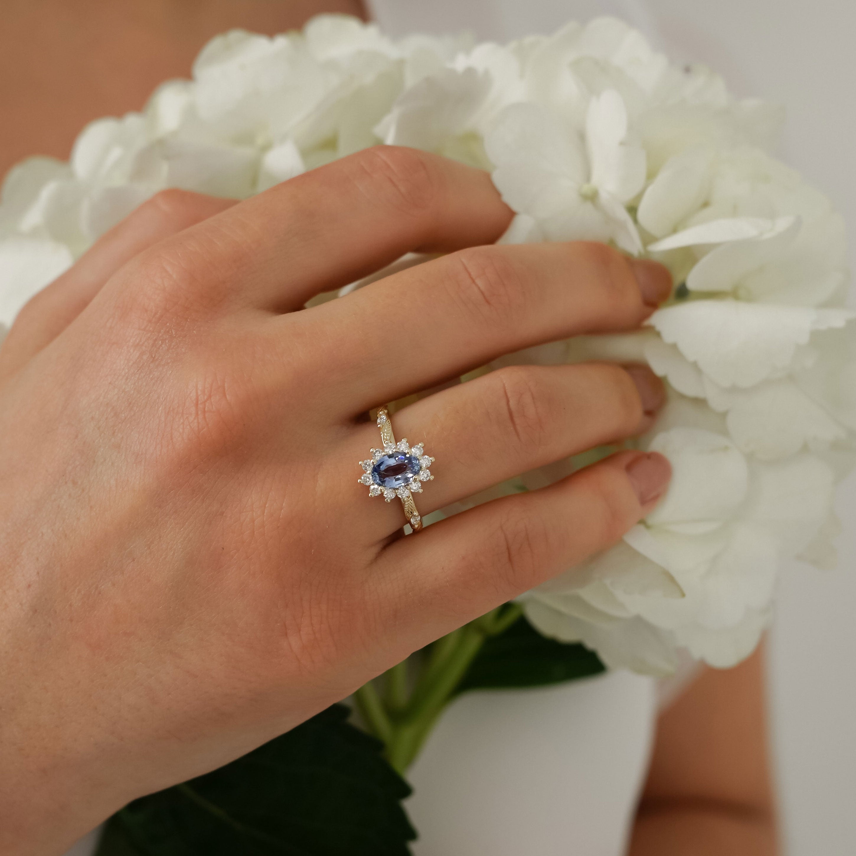 Brooke Oval Blue Sapphire Halo Engagement Ring, Marquise Leaf Band