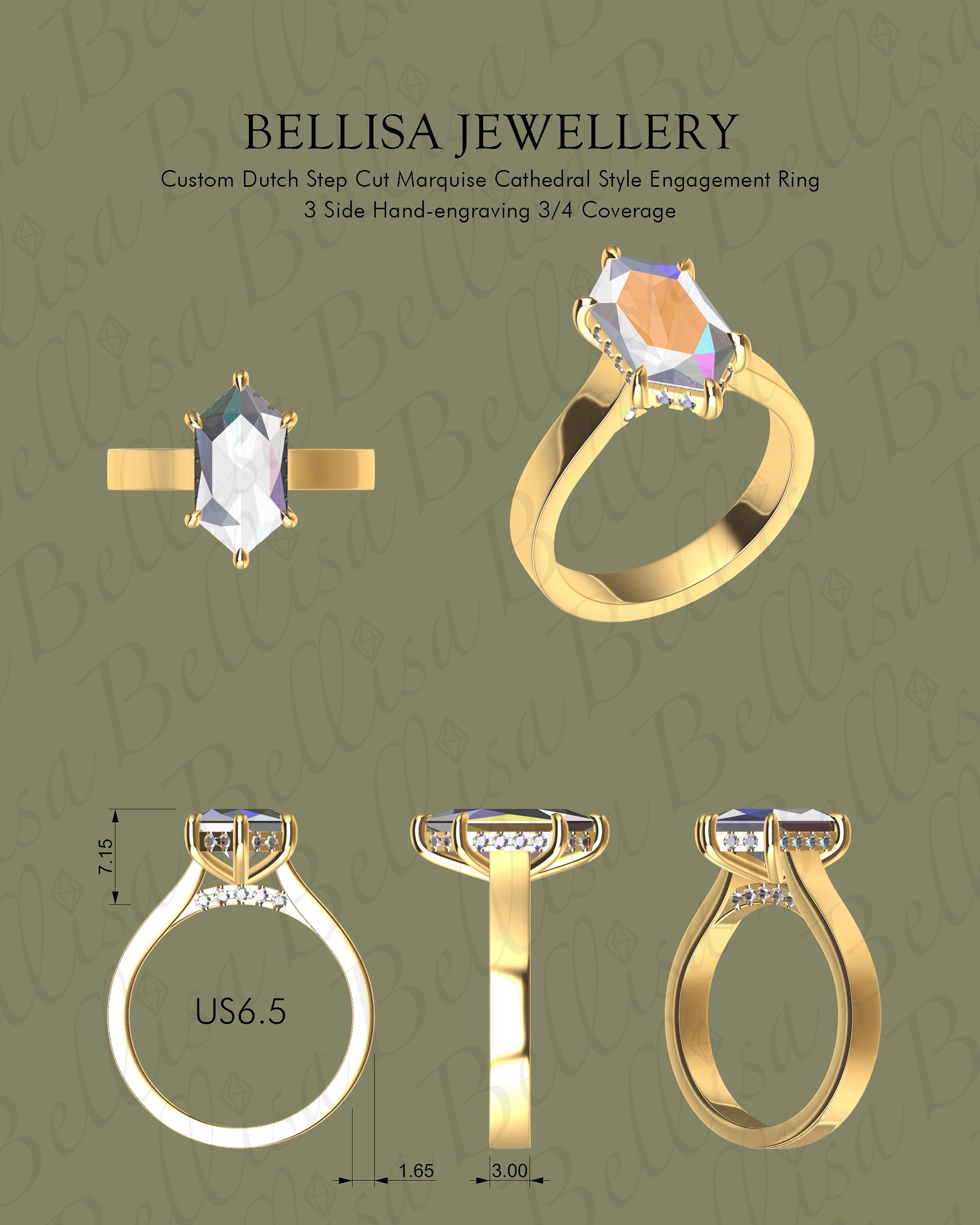 Bespoke #9183 - Custom Hand Engraving Dutch Step Cut Marquise Cathedral Engagement Ring