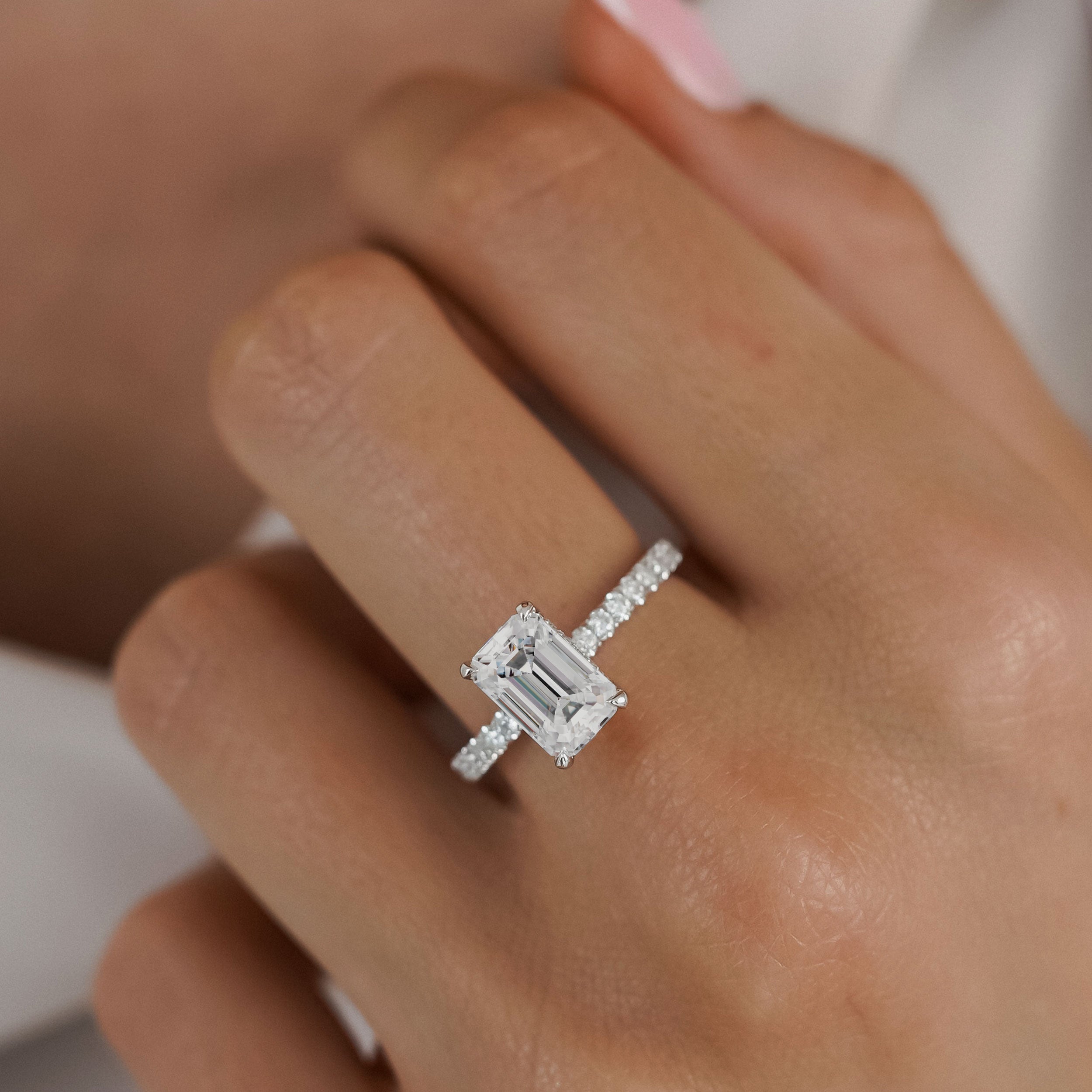 Lily Emerald Double Hidden Halo Engagement Ring, Moissanite/Lab Grown Diamond