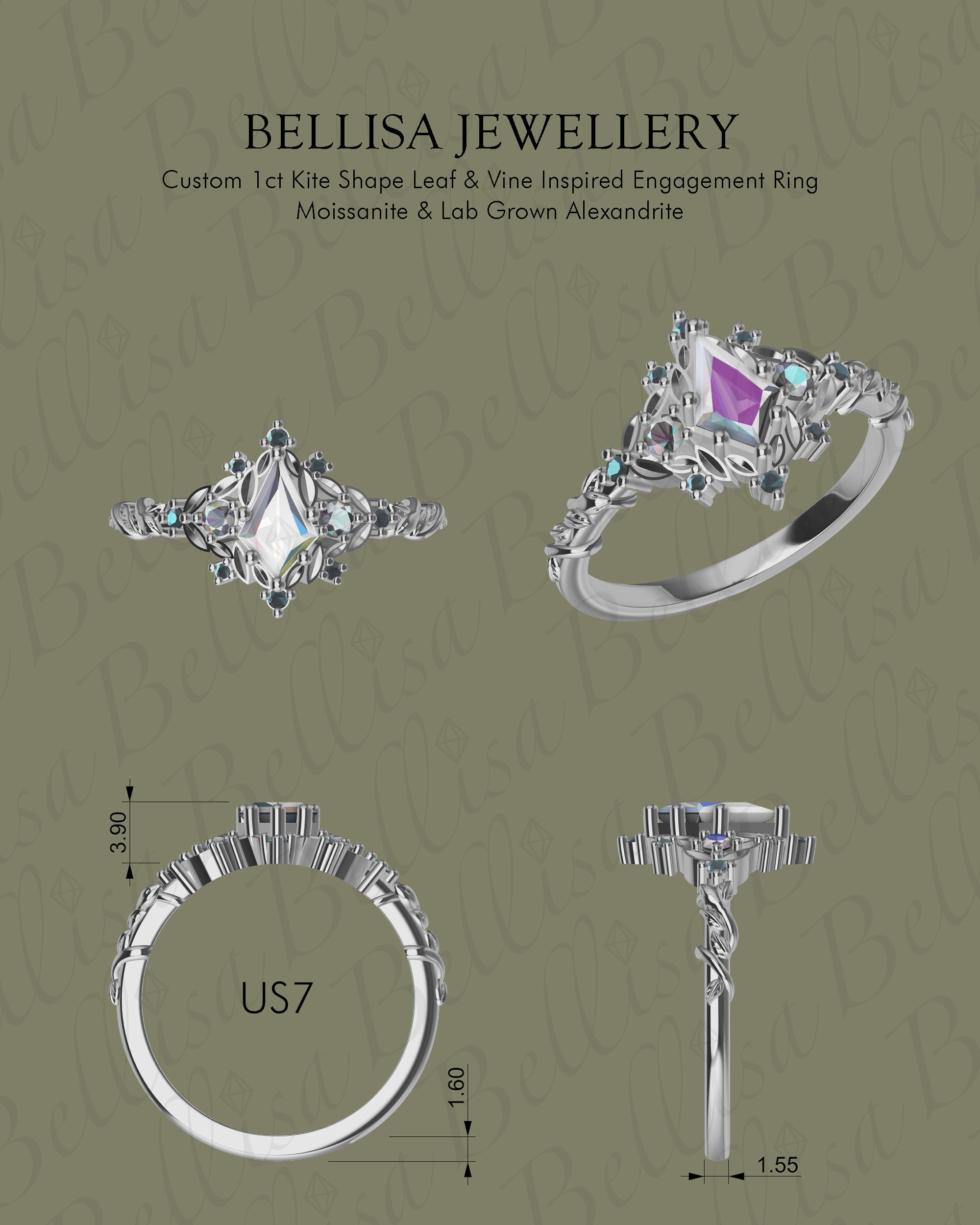 Bespoke #9172 - Custom 1ct Kite Shape Leaf & Vine Inspired Engagement Ring