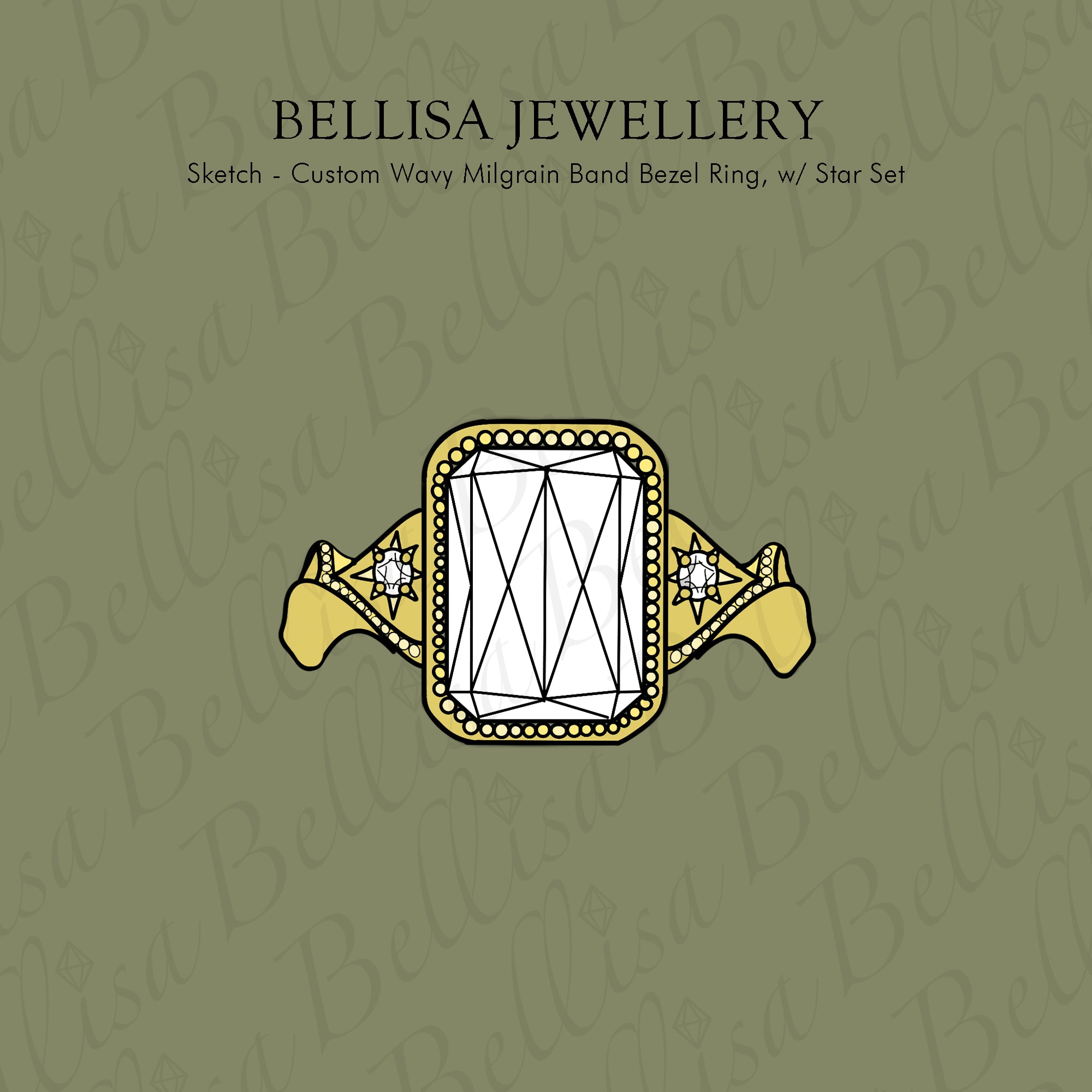 Bespoke #9175 - Custom 11x8mm Radiant Moissanite Wavy Milgrain Band Bezel Ring, w/ Star Set