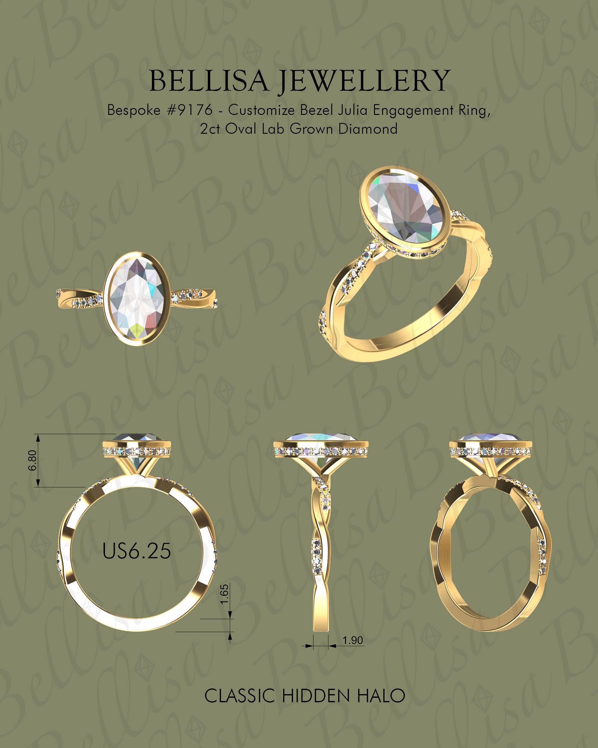 Bespoke #9176 - Customize Bezel Julia Engagement Ring, 2ct Oval Lab Grown Diamond