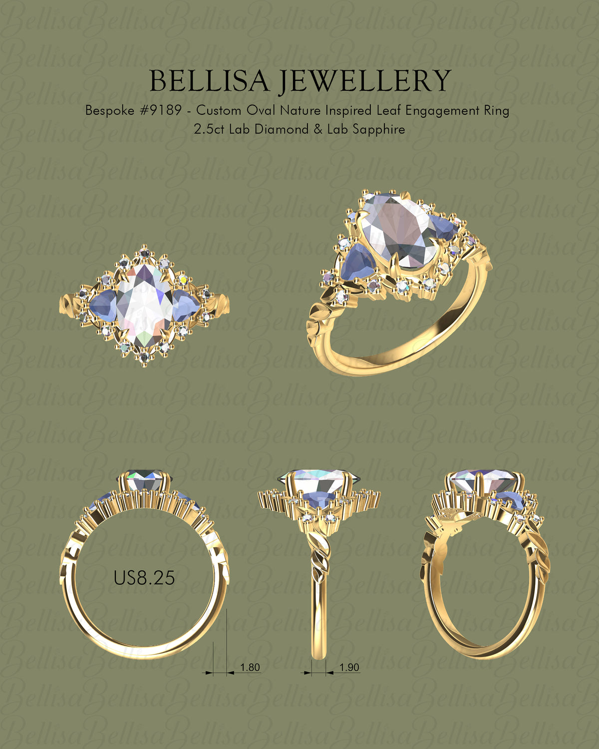 Bespoke #9189 - Custom Oval Nature Inspired Leaf Engagement Ring 2.5ct Lab Diamond