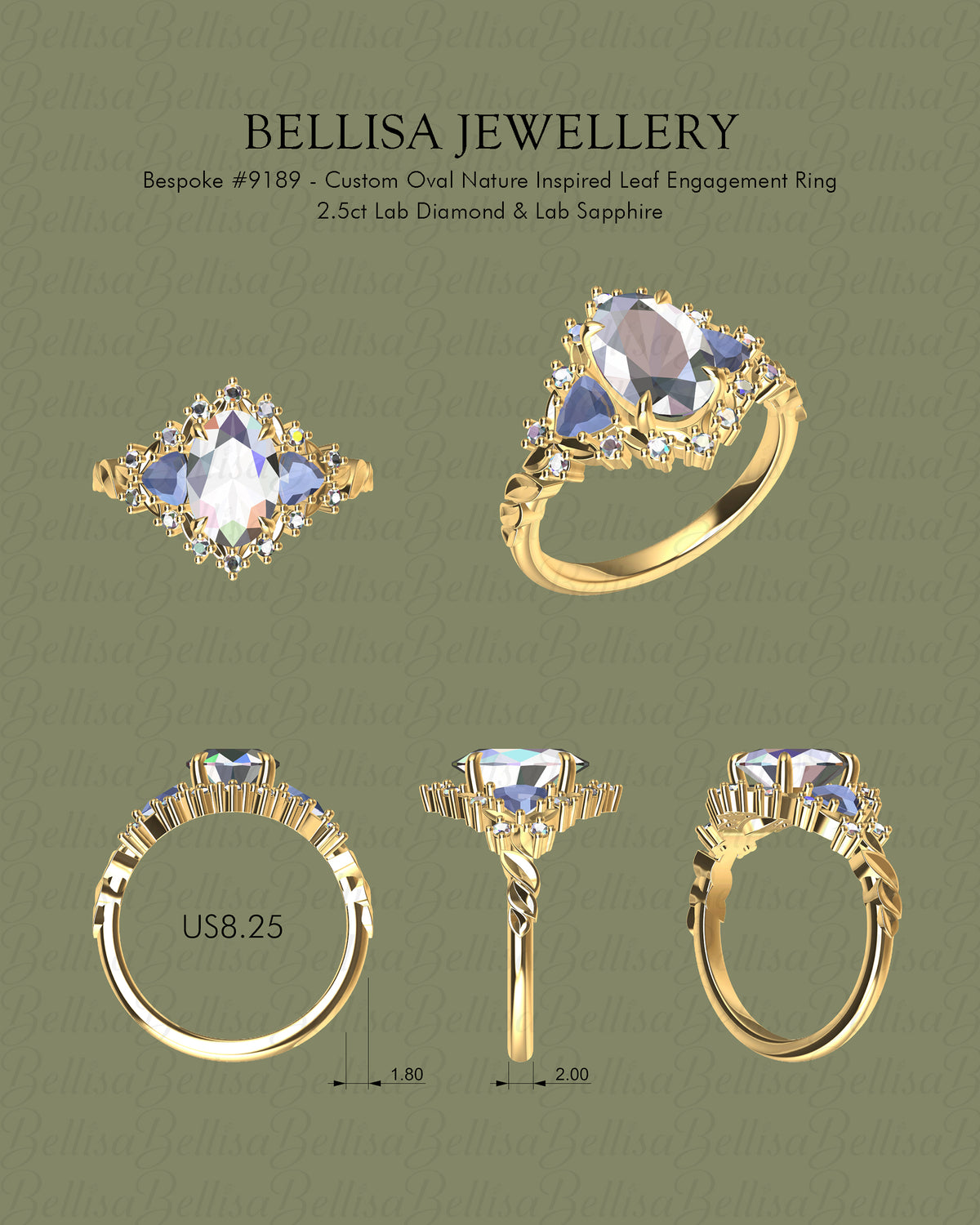 Bespoke #9189 - Custom Oval Nature Inspired Leaf Engagement Ring 2.5ct Lab Diamond