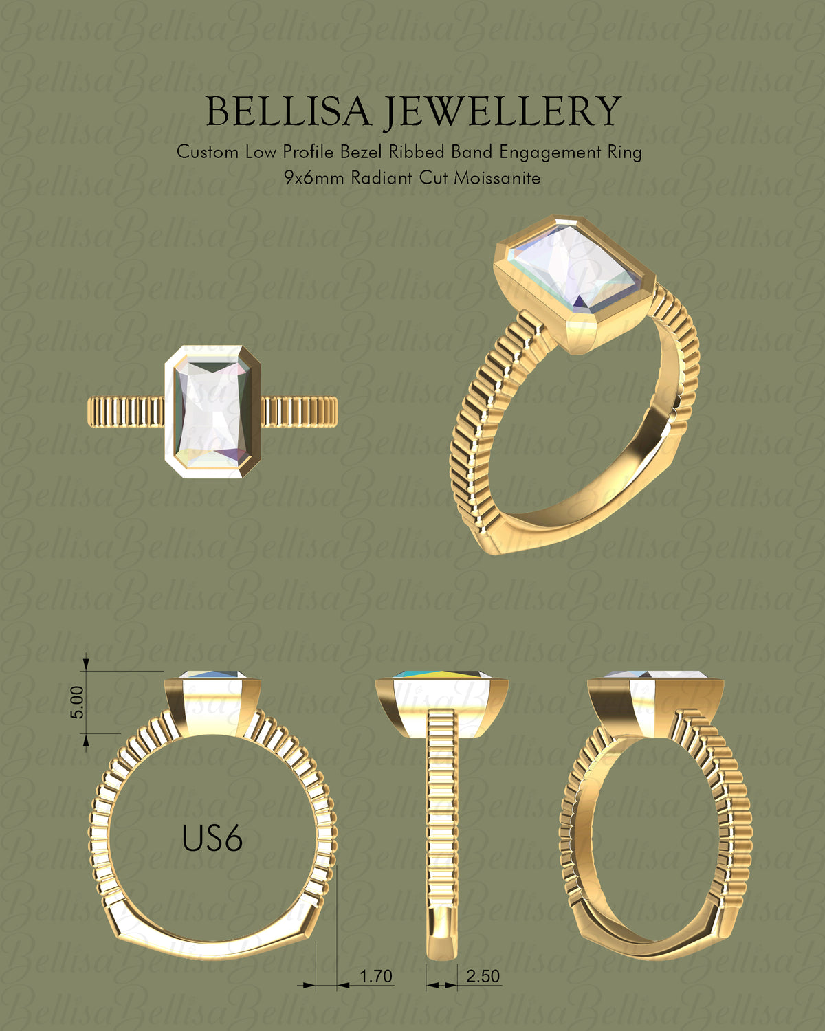 Bespoke #9190 - Custom Low Profile Bezel Engagement Ring, 9x6mm Radiant Cut Moissanite