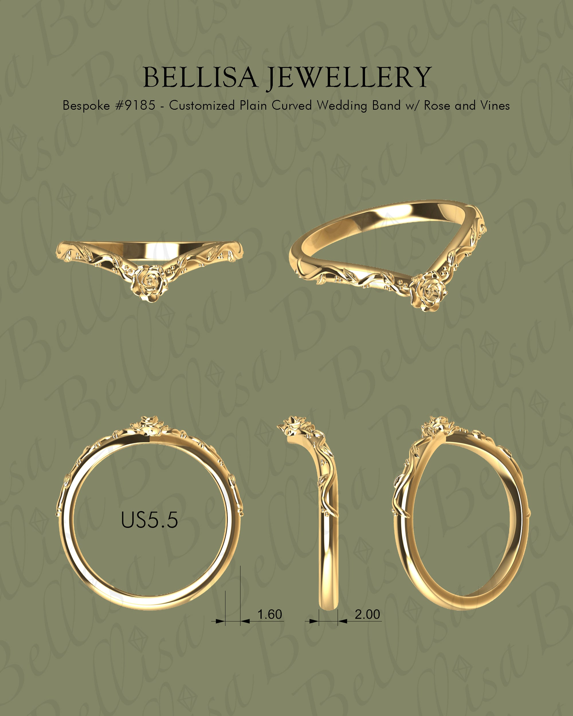 Bespoke #9185 - Customized Plain Curved Wedding Band w/ Rose and Vines