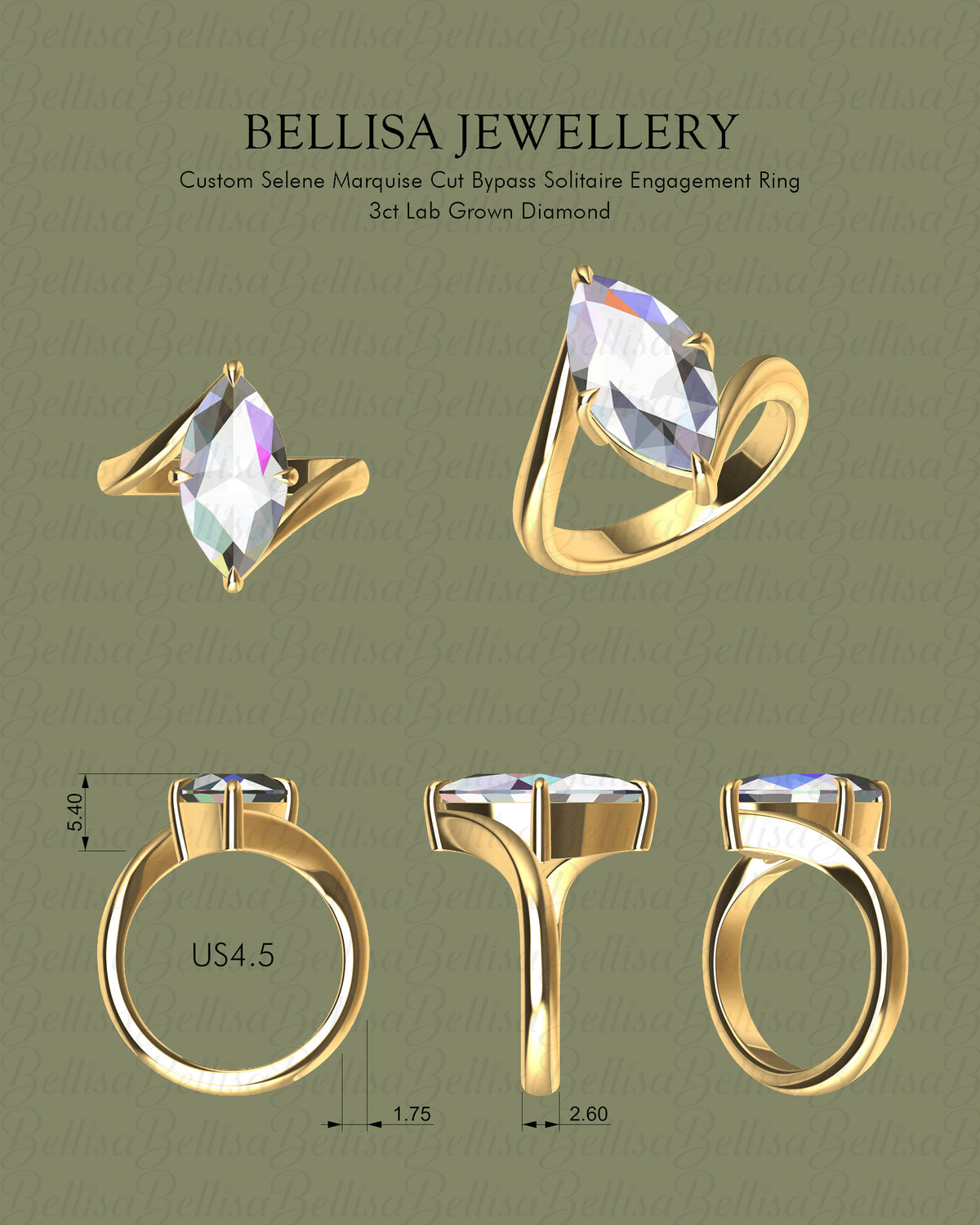 Split Payment - Selene Marquise Cut Bypass Solitaire Engagement Ring, 3ct Lab Grown Diamond