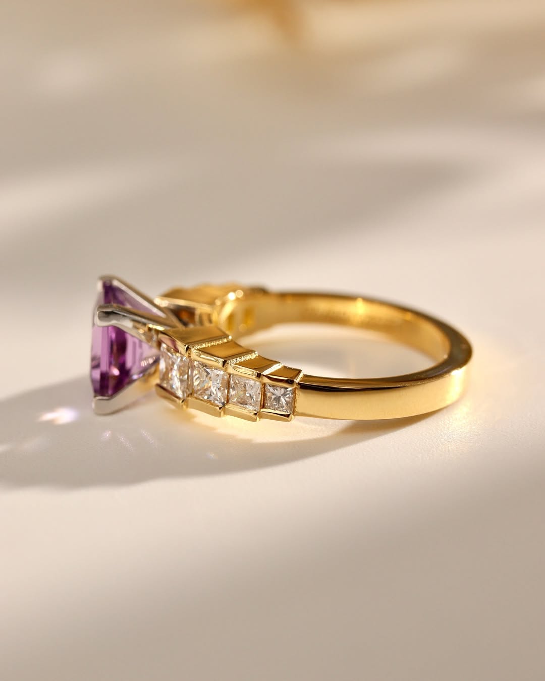 Bespoke #9161 - Two Tone Princess Cut Amethyst Stepped Design Engagement Ring