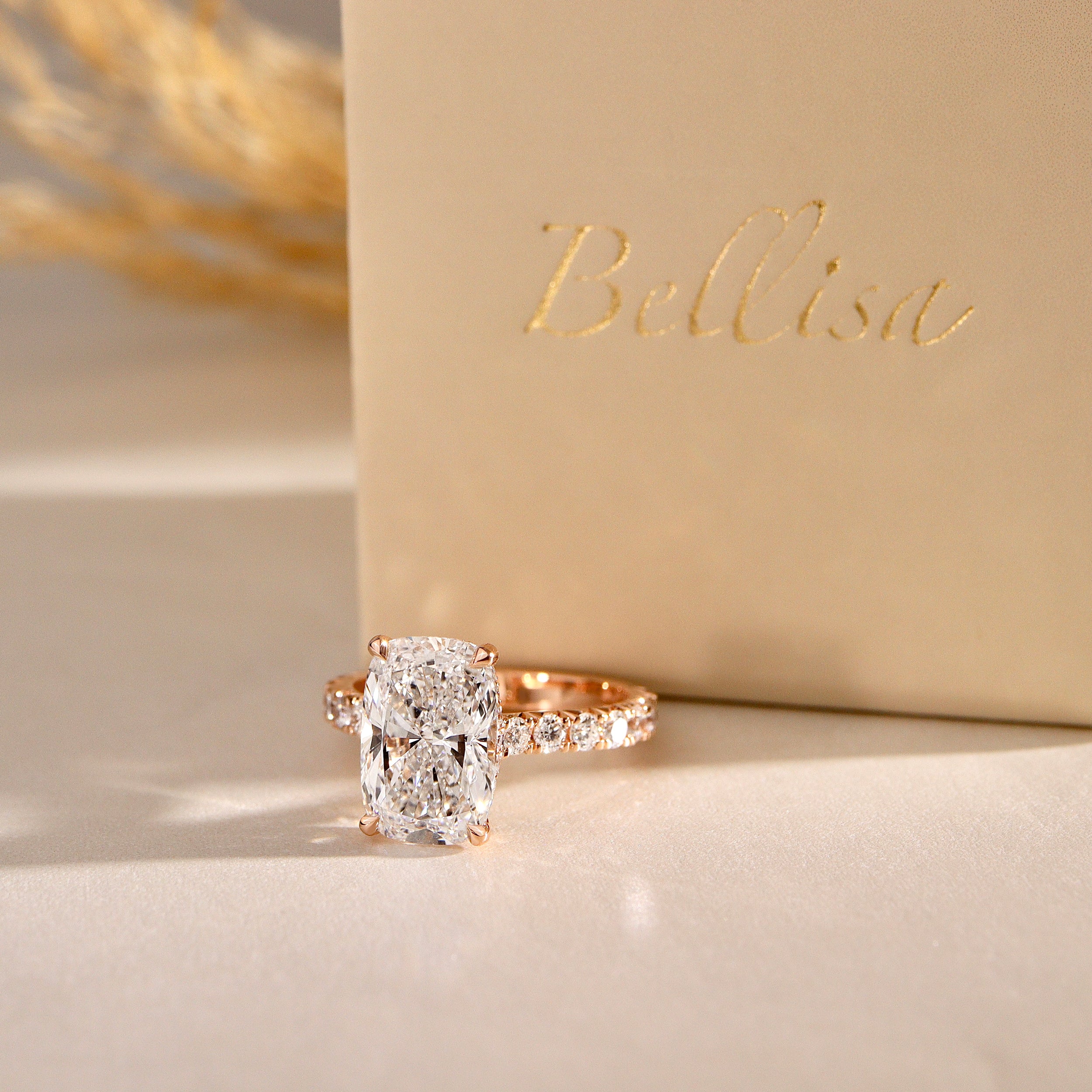 Riley Elongated Cushion Hidden Halo Engagement Ring, Cathedral w/ Pavé Band