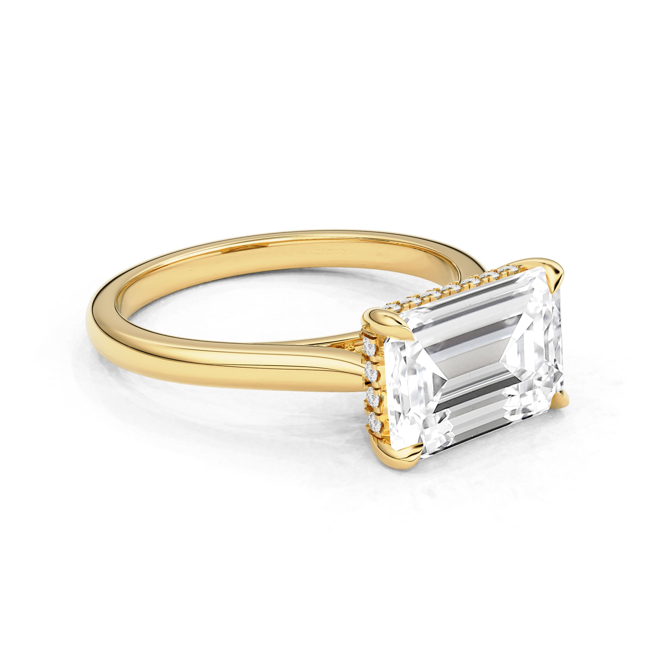 Ivy East West Emerald Cut Hidden Halo Solitaire Engagement Ring, Cathedral Band