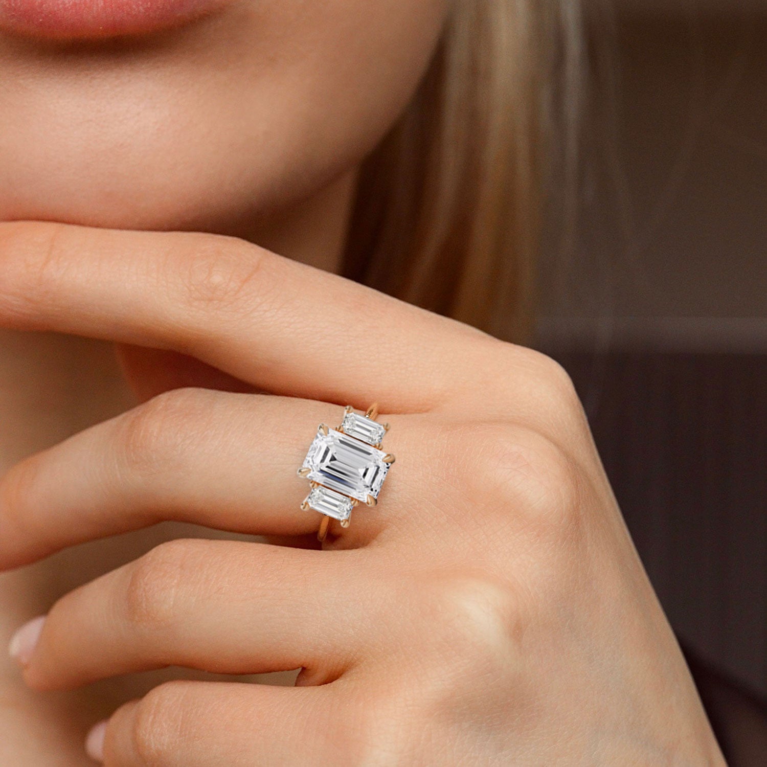 Evelyn Emerald Cut Three Stone Engagement Ring, Low Set