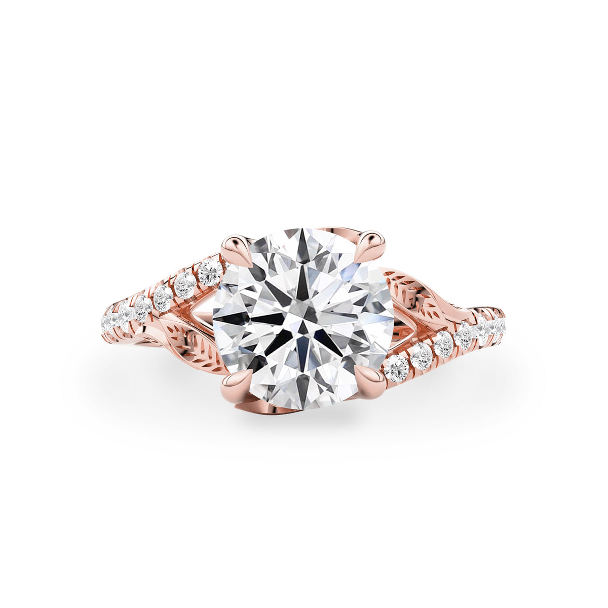 Evelina Round Lab Diamond Nature Inspired Leaf Prong Split Shank Engagement Ring