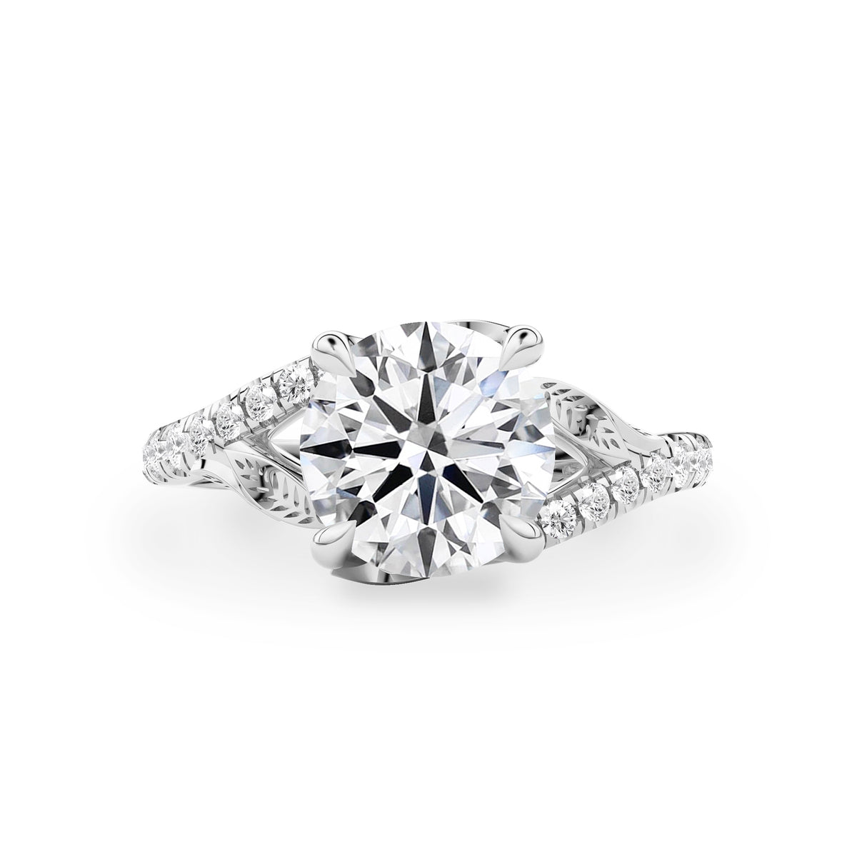 Evelina Round Lab Diamond Nature Inspired Leaf Prong Split Shank Engagement Ring