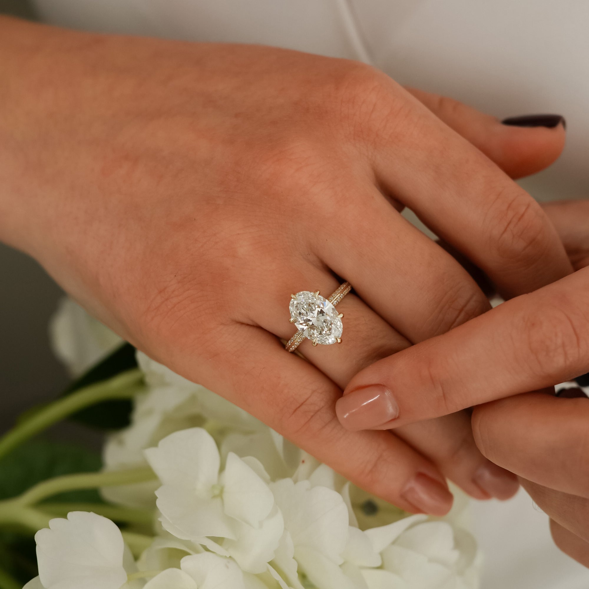 Lena Oval Cut Knife Edge Pavé Band Engagement Ring, Moissanite/Lab Grown Diamond