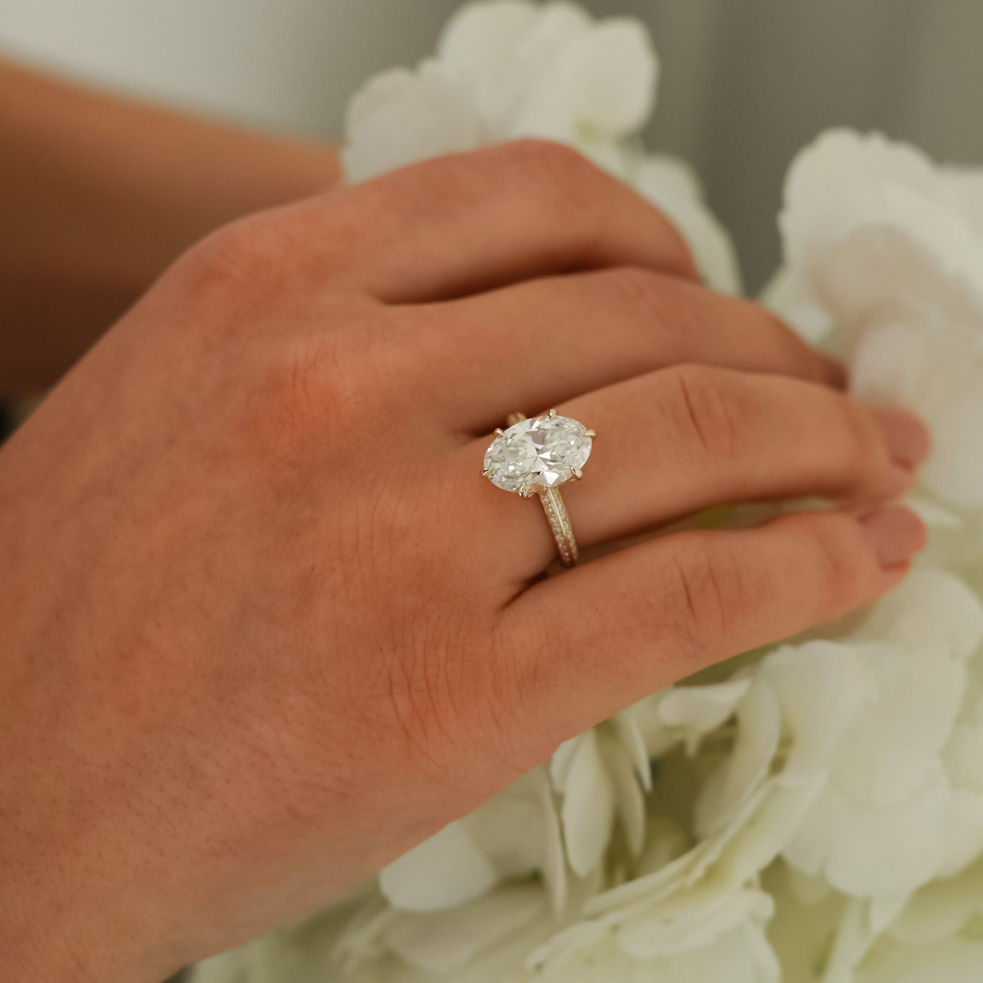 Lena Oval Cut Knife Edge Pavé Band Engagement Ring, Moissanite/Lab Grown Diamond