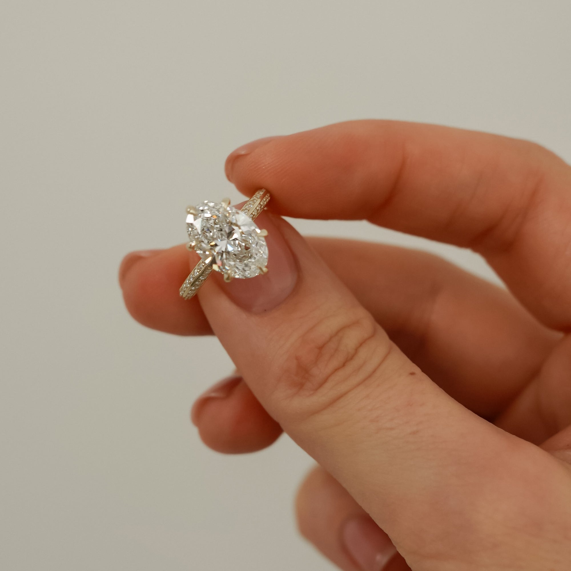 Lena Oval Cut Knife Edge Pavé Band Engagement Ring, Moissanite/Lab Grown Diamond