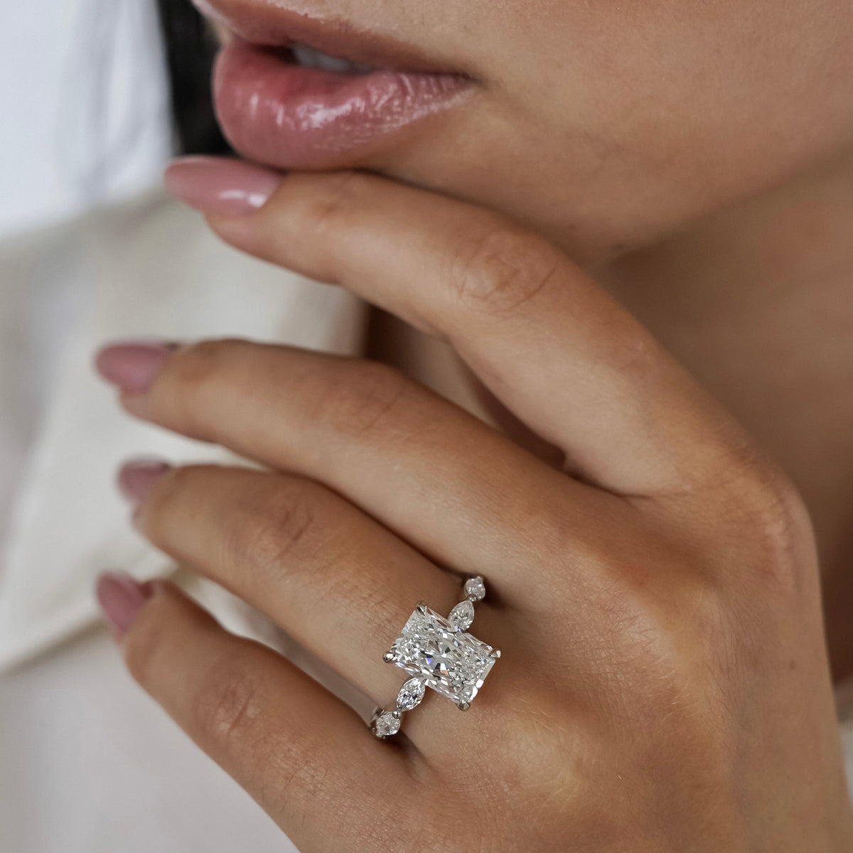 3ct Radiant Cut Lab Diamond Marquise Diamond Band Engagement Ring