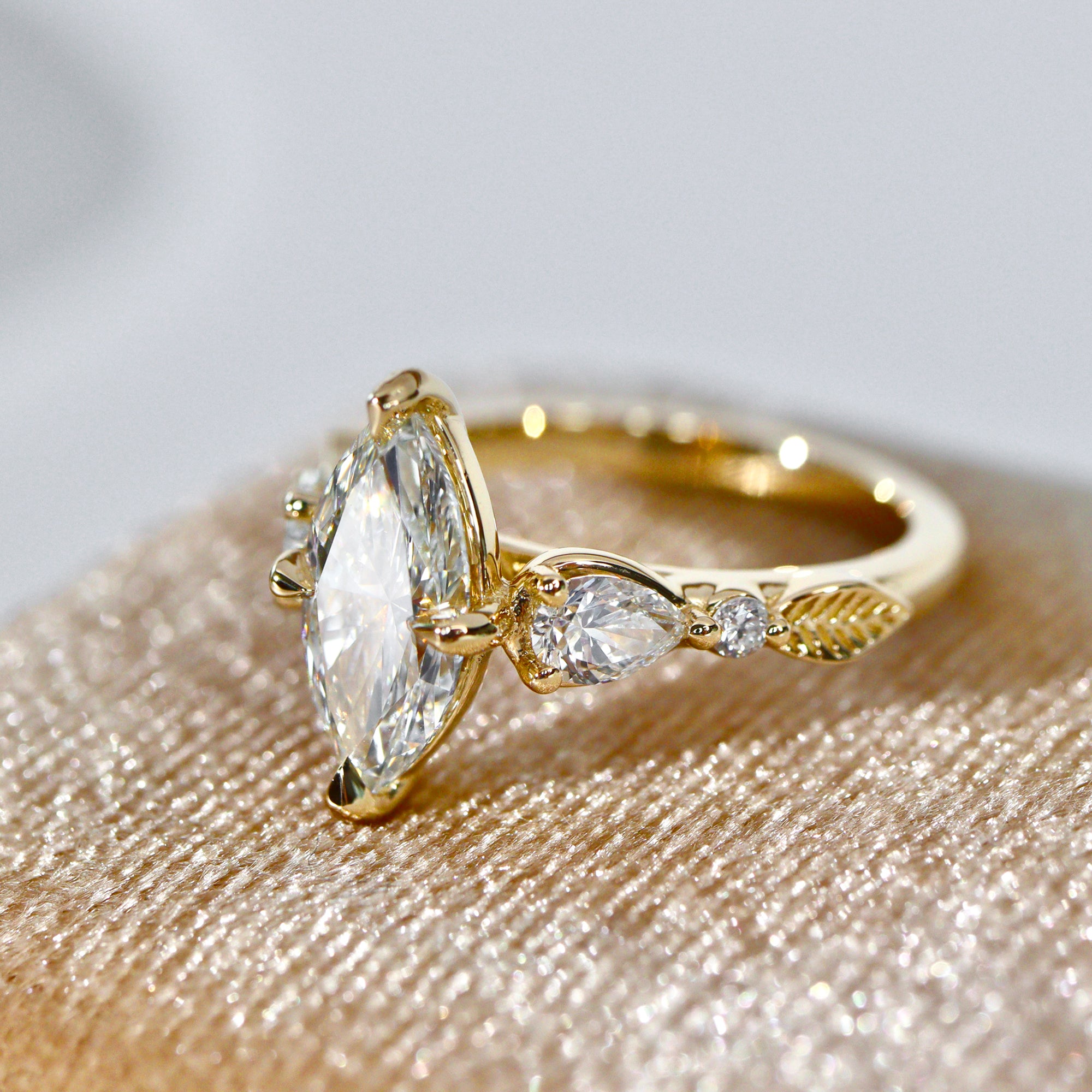 Madison Marquise Art Deco Leaf Engagement Ring, Compass Set