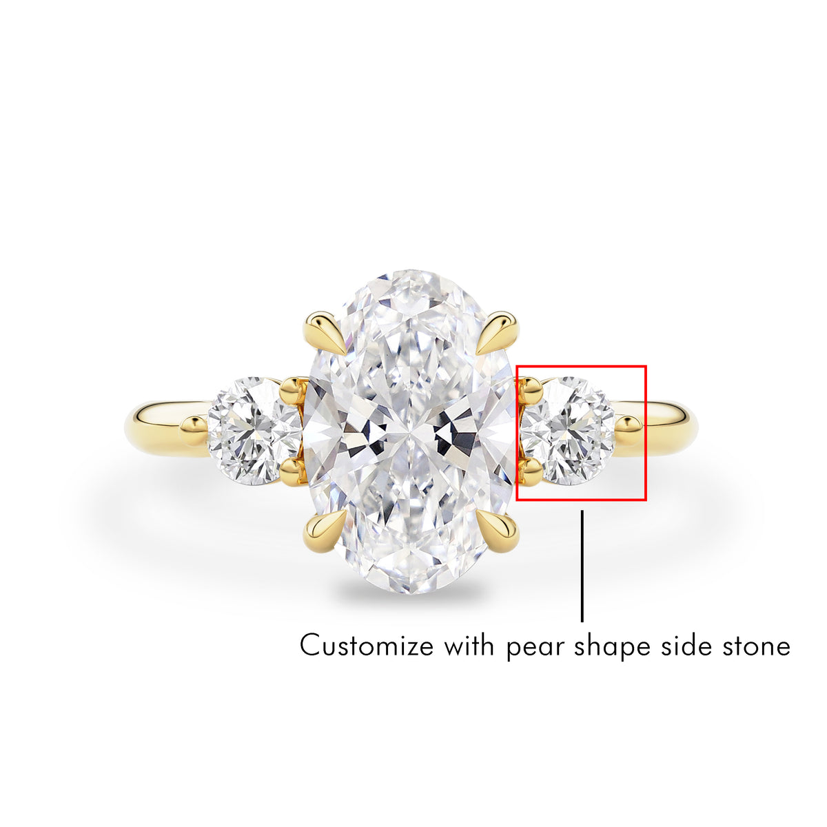 9x7mm Oval Moissanite Olivia Three Stone Engagement Ring, with Pear Lab Diamond