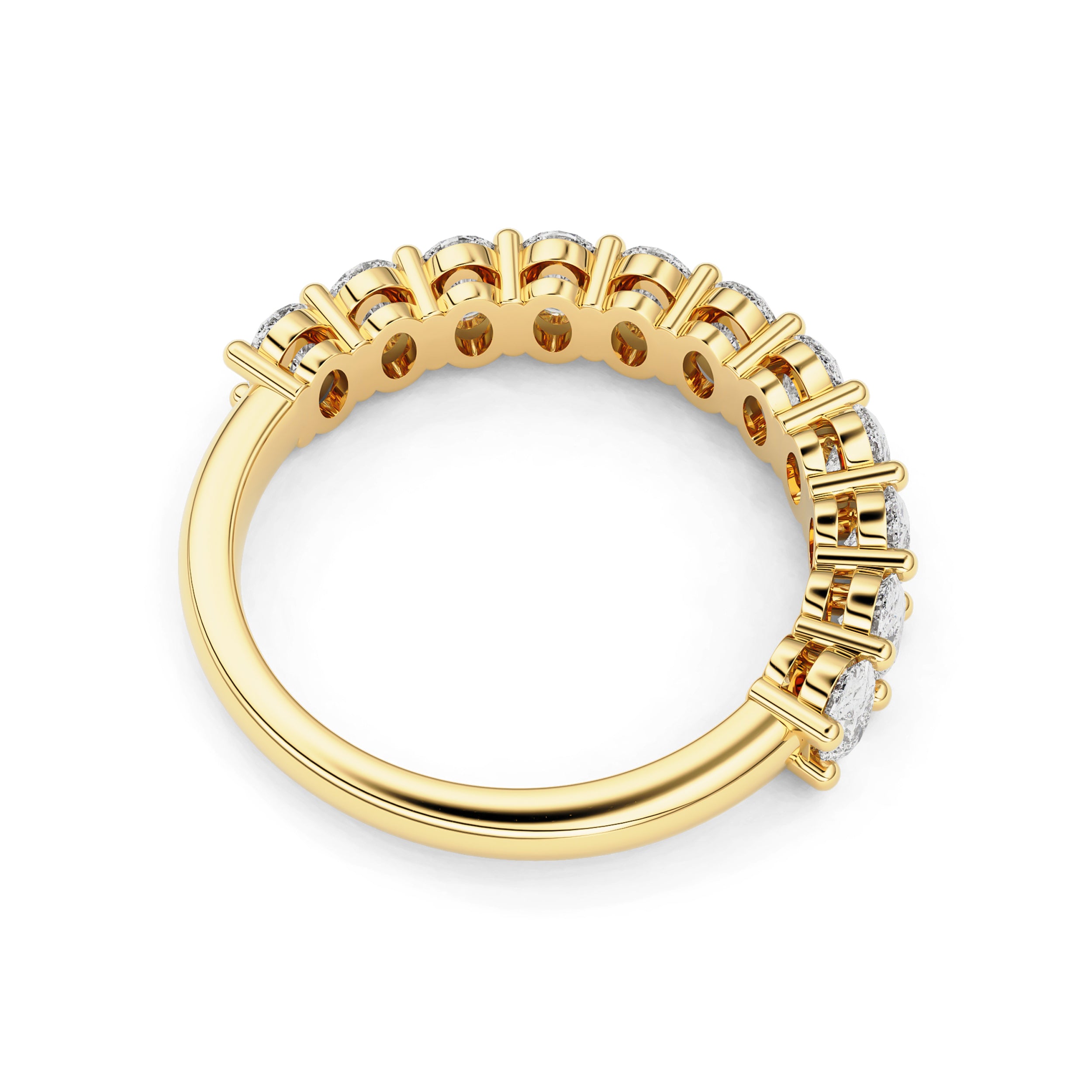 perspective view of share prong basket setting oval diamond eternity wedding band