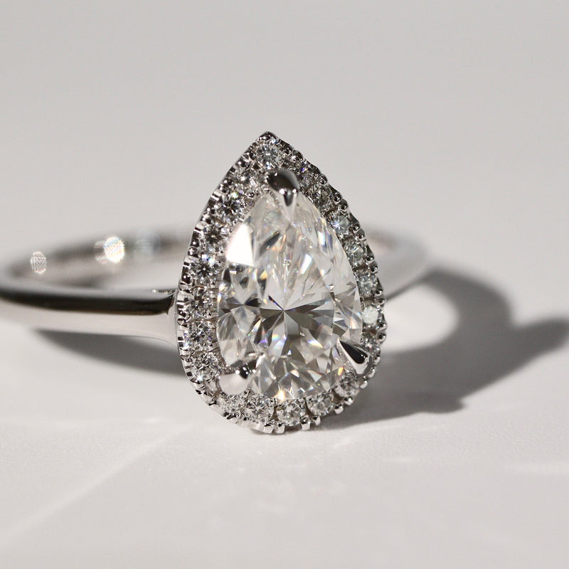 Paula Pear Forever Halo Engagement Ring, Moissanite/Lab Grown Diamond