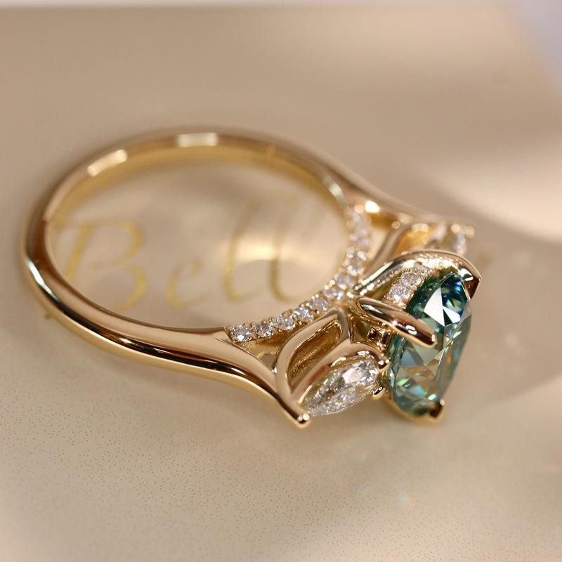 Purity Petal Hidden Halo Three Stone Engagement Ring, Cyan Green Moissanite