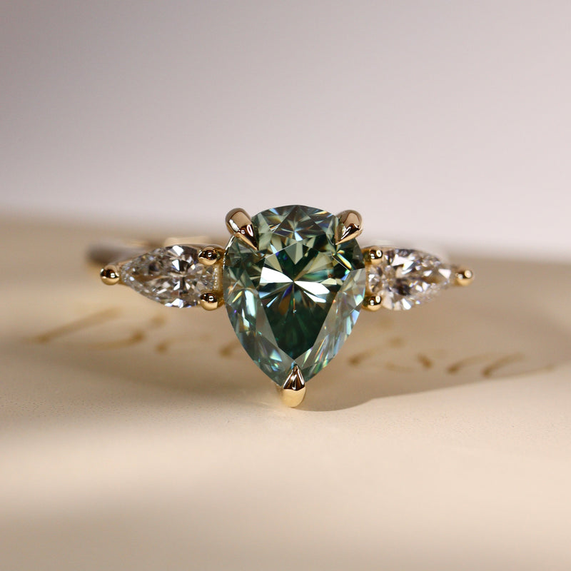 Purity Petal Hidden Halo Three Stone Engagement Ring, Cyan Green Moissanite