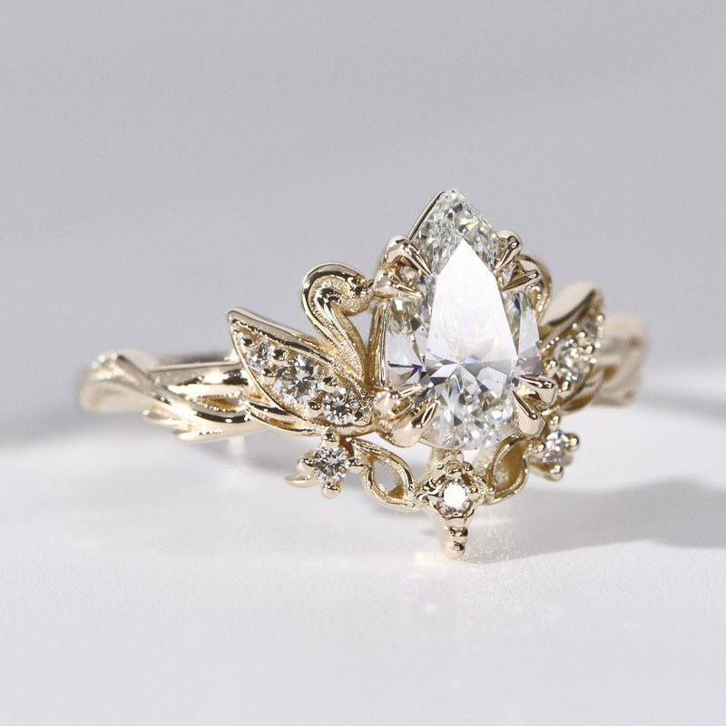 Pear Love Swan Engagement Ring, Pear Cut With Celestial Star