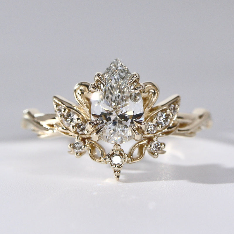 Pear Love Swan Engagement Ring, Pear Cut With Celestial Star