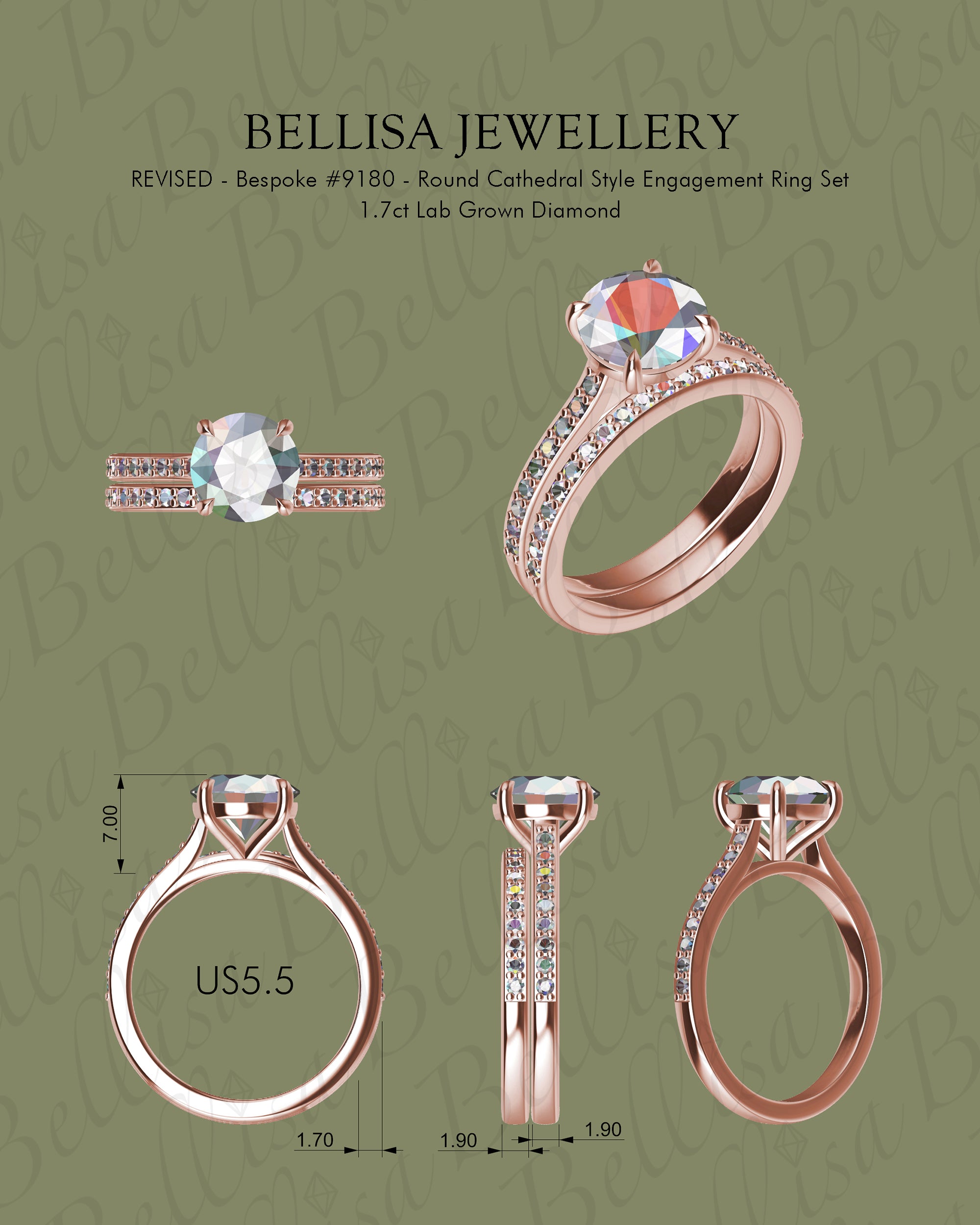 Bespoke #9180 - Round Cathedral Style Engagement Ring Set, 1.7ct Lab Grown Diamond