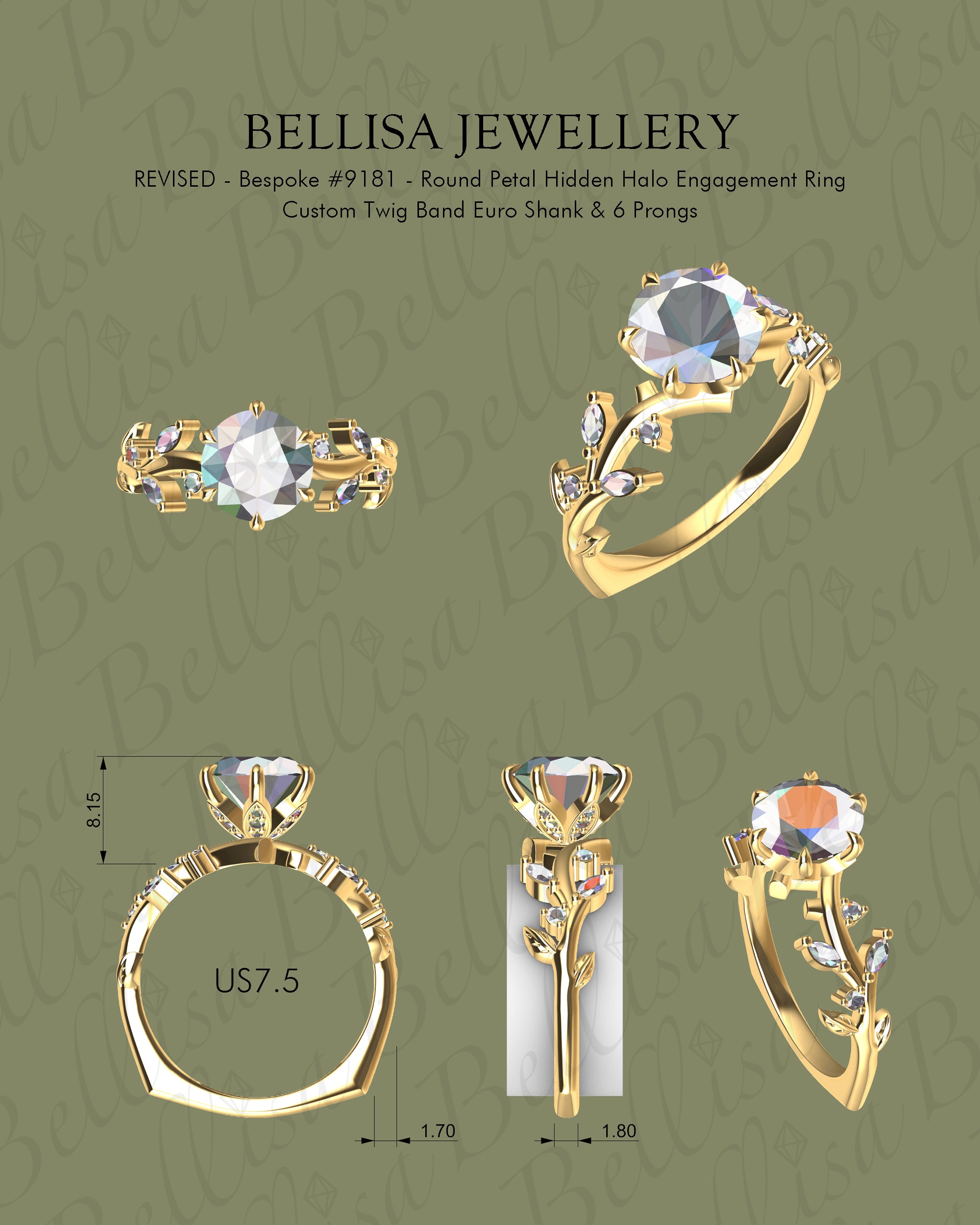 Bespoke #9181 - Round Petal Hidden Halo Engagement Ring, Custom Twig Band Euro Shank & 6 Prongs