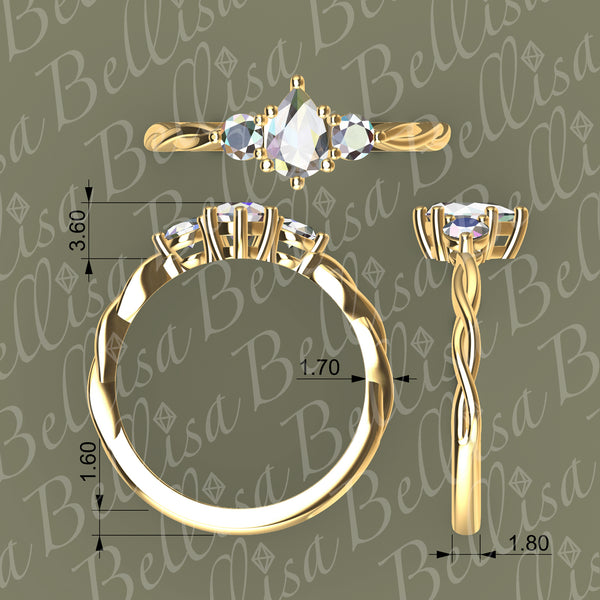 Bespoke #9154 - 6 Prongs Nova Three Stone Engagement Ring, 6x4mm Pear Shape