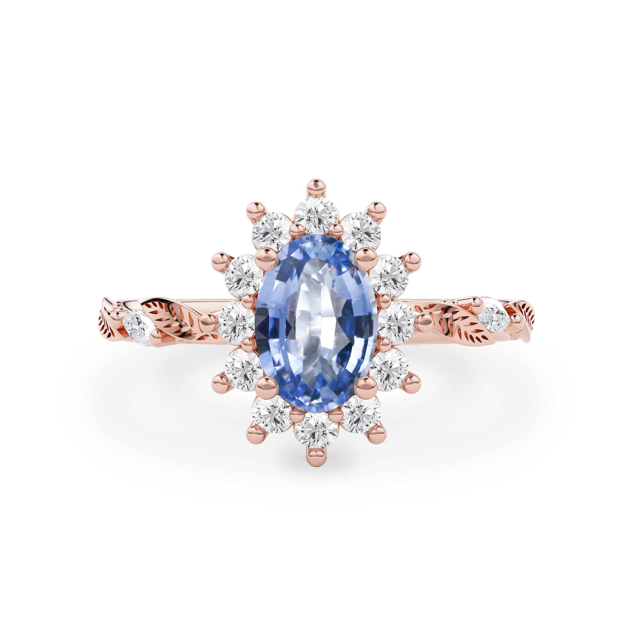 Brooke Oval Blue Sapphire Halo Engagement Ring, Marquise Leaf Band