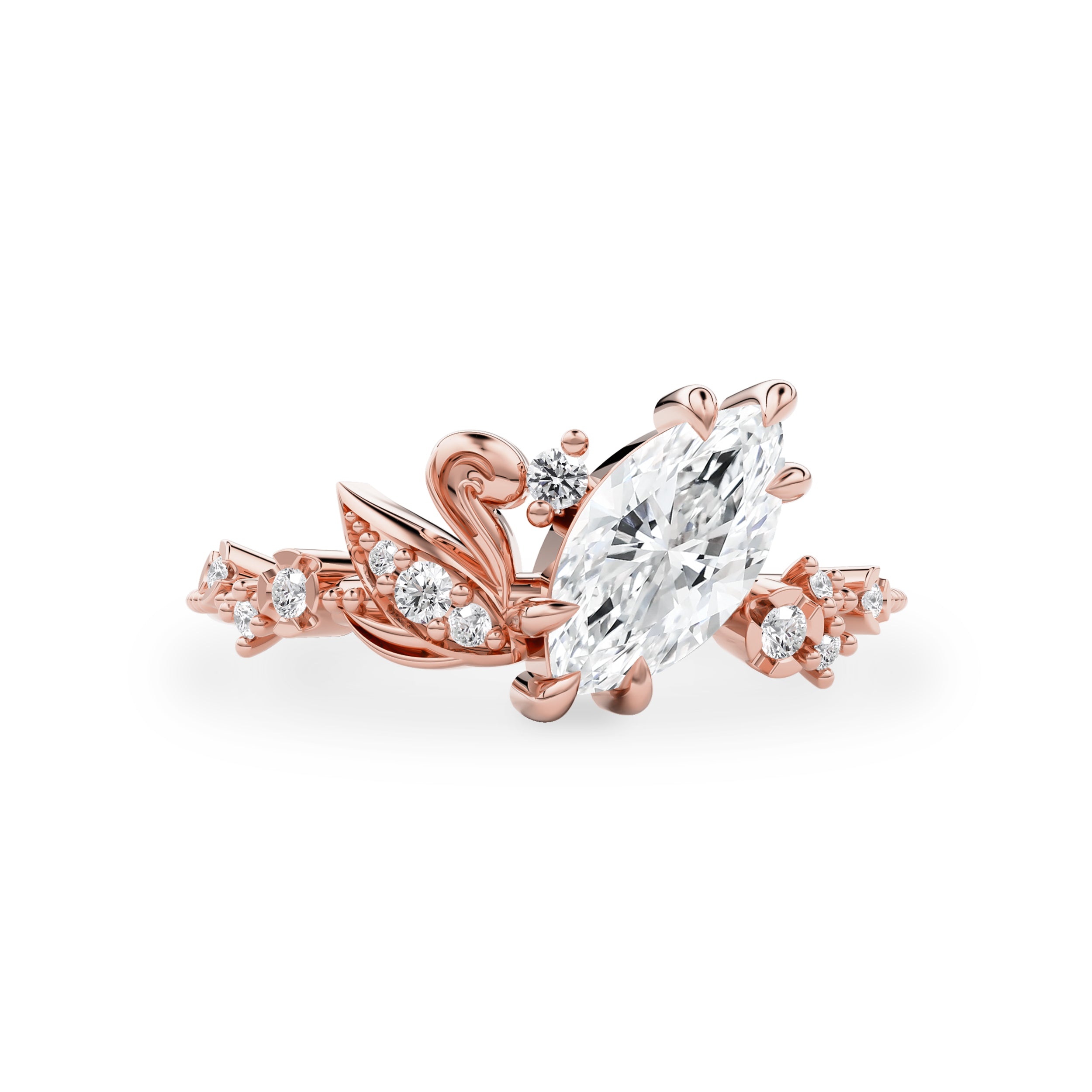Marquise Love Swan Nature Inspired Engagement Ring, Marquise Cut With Single Swan