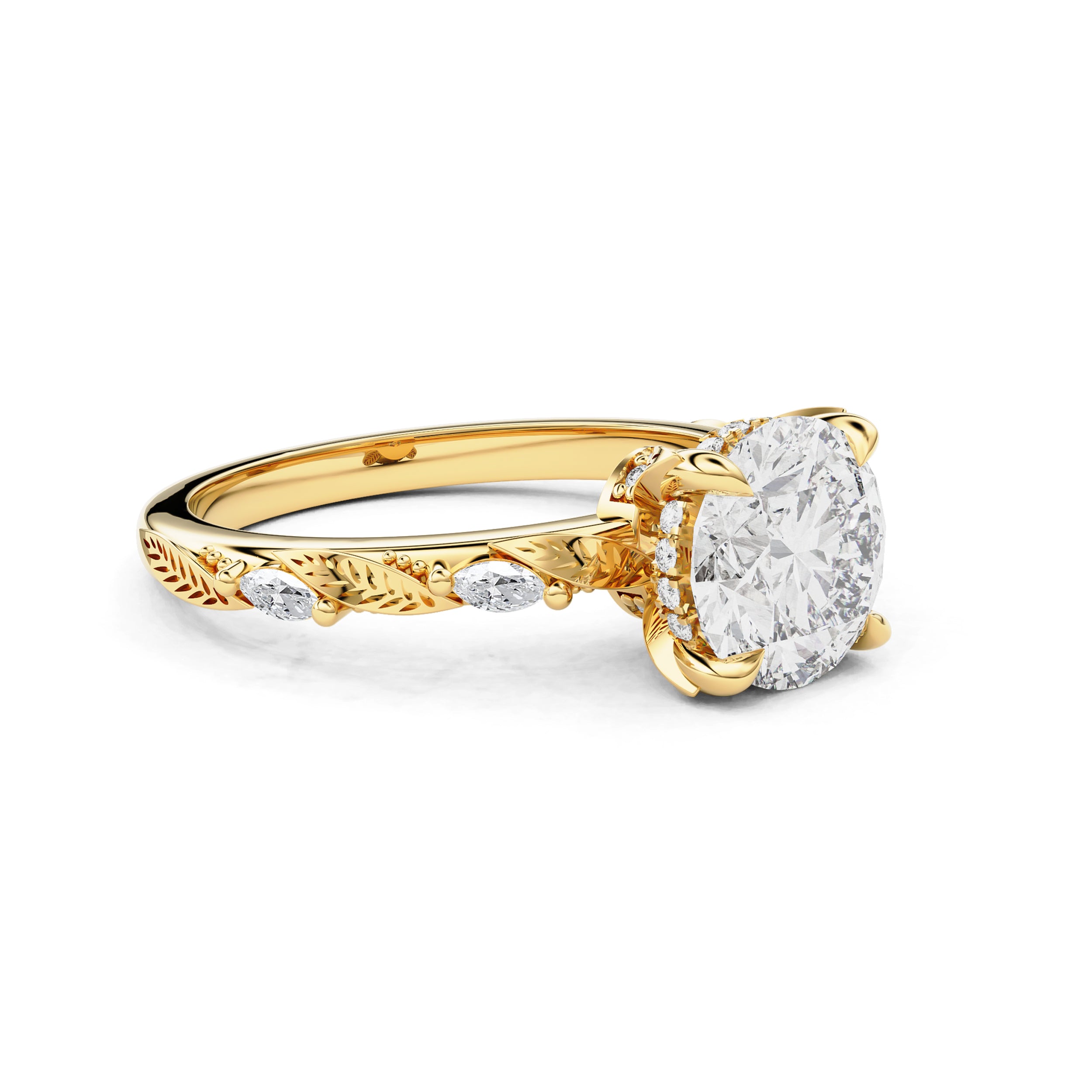 Brooke Round Leaf Prong Hidden Halo Engagement Ring, Marquise Leaf Band