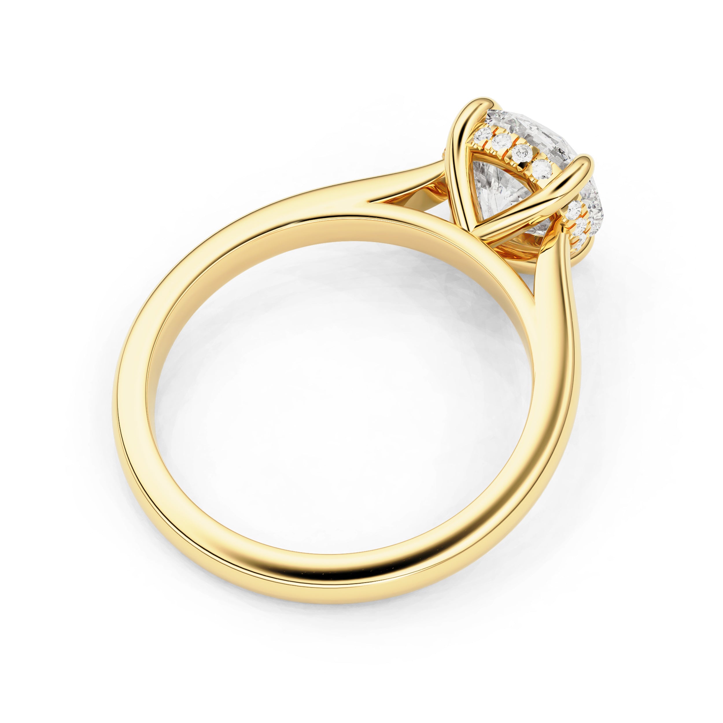 round moissanite cathedral style setting with hidden halo ring in yellow gold