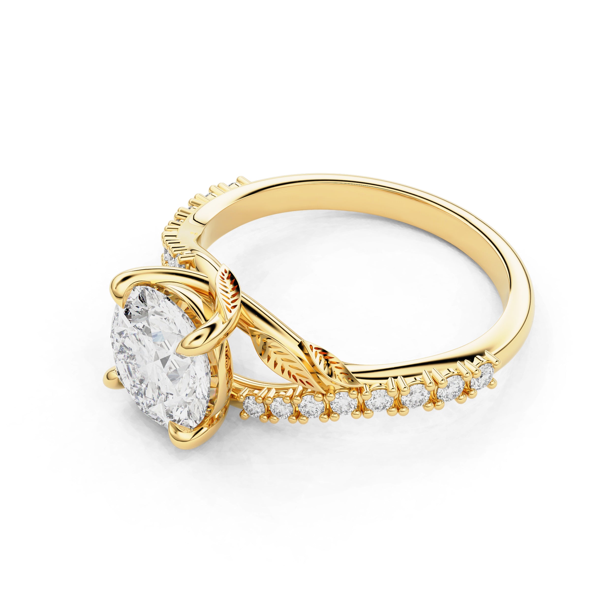 Evelina Round Cut Leaf Split Shank Engagement Ring, Moissanite/Lab Grown Diamond