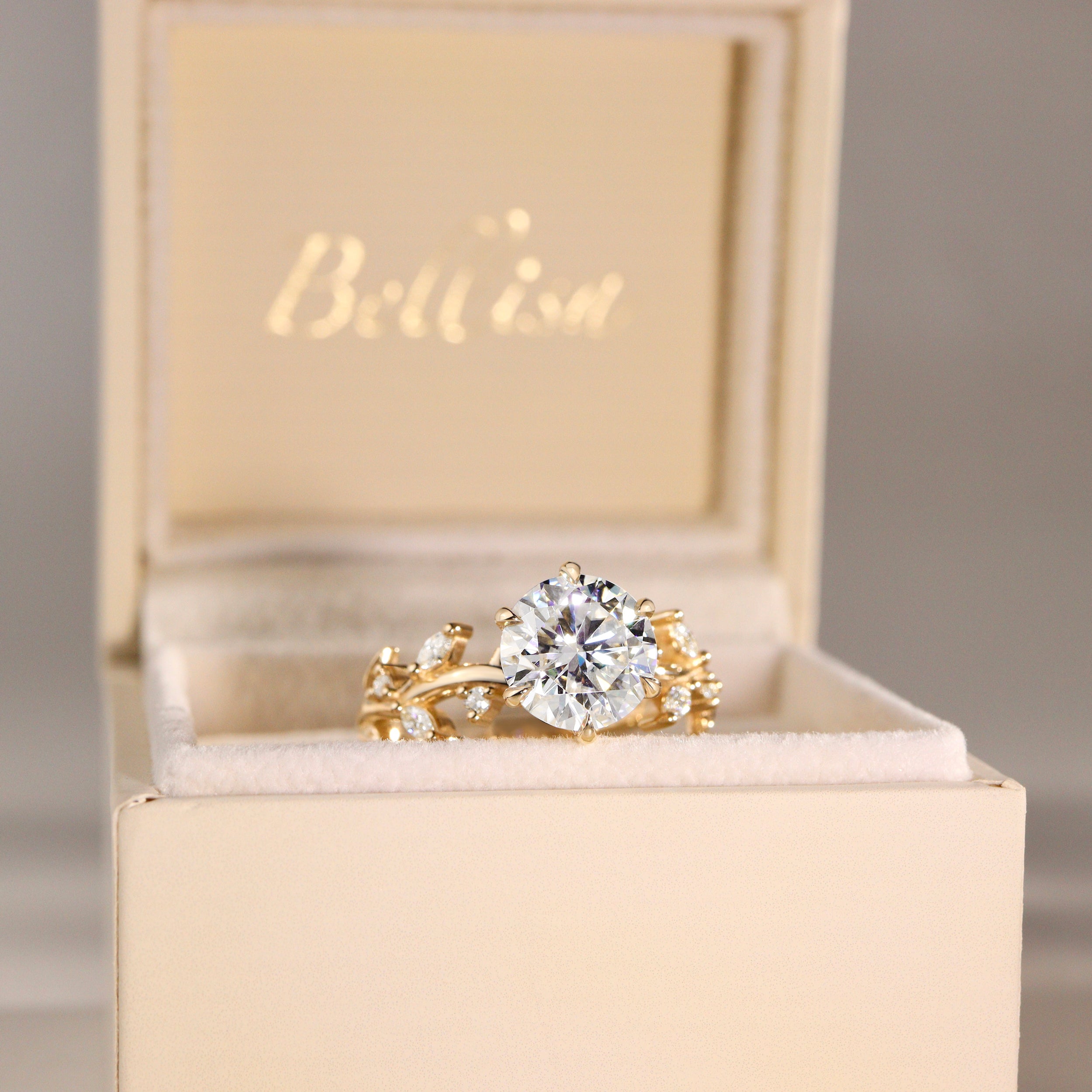 Bespoke #9181 - Round Petal Hidden Halo Engagement Ring, Custom Twig Band Euro Shank & 6 Prongs