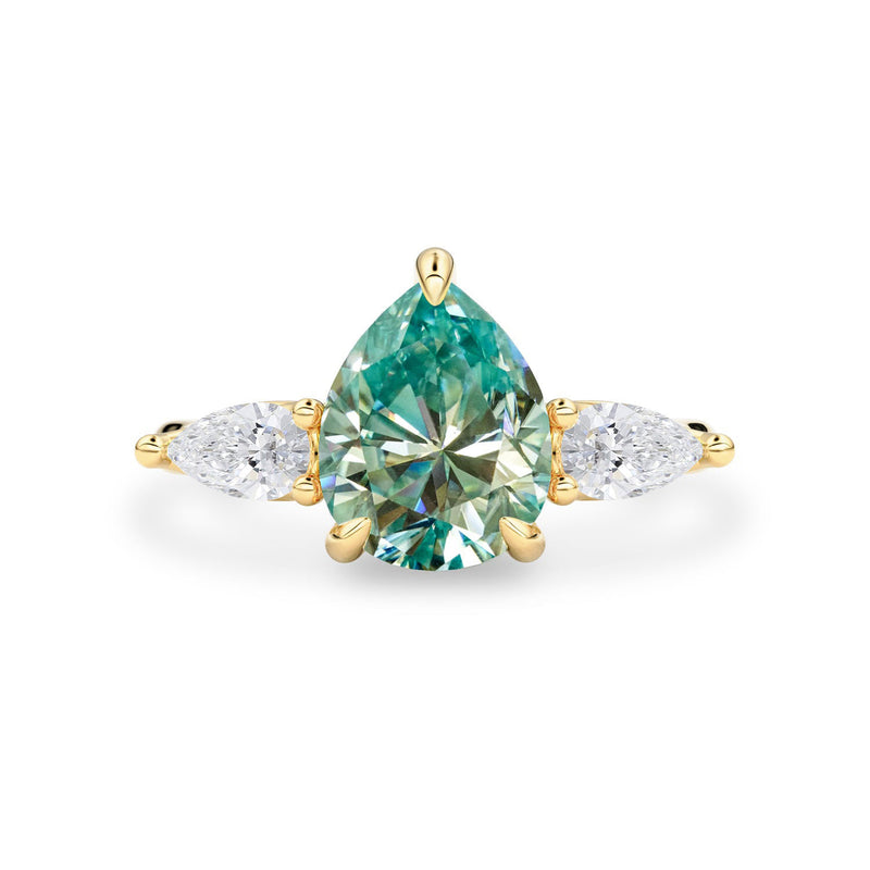 Purity Petal Hidden Halo Three Stone Engagement Ring, Cyan Green Moissanite