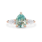 Purity Petal Hidden Halo Three Stone Engagement Ring, Cyan Green Moissanite