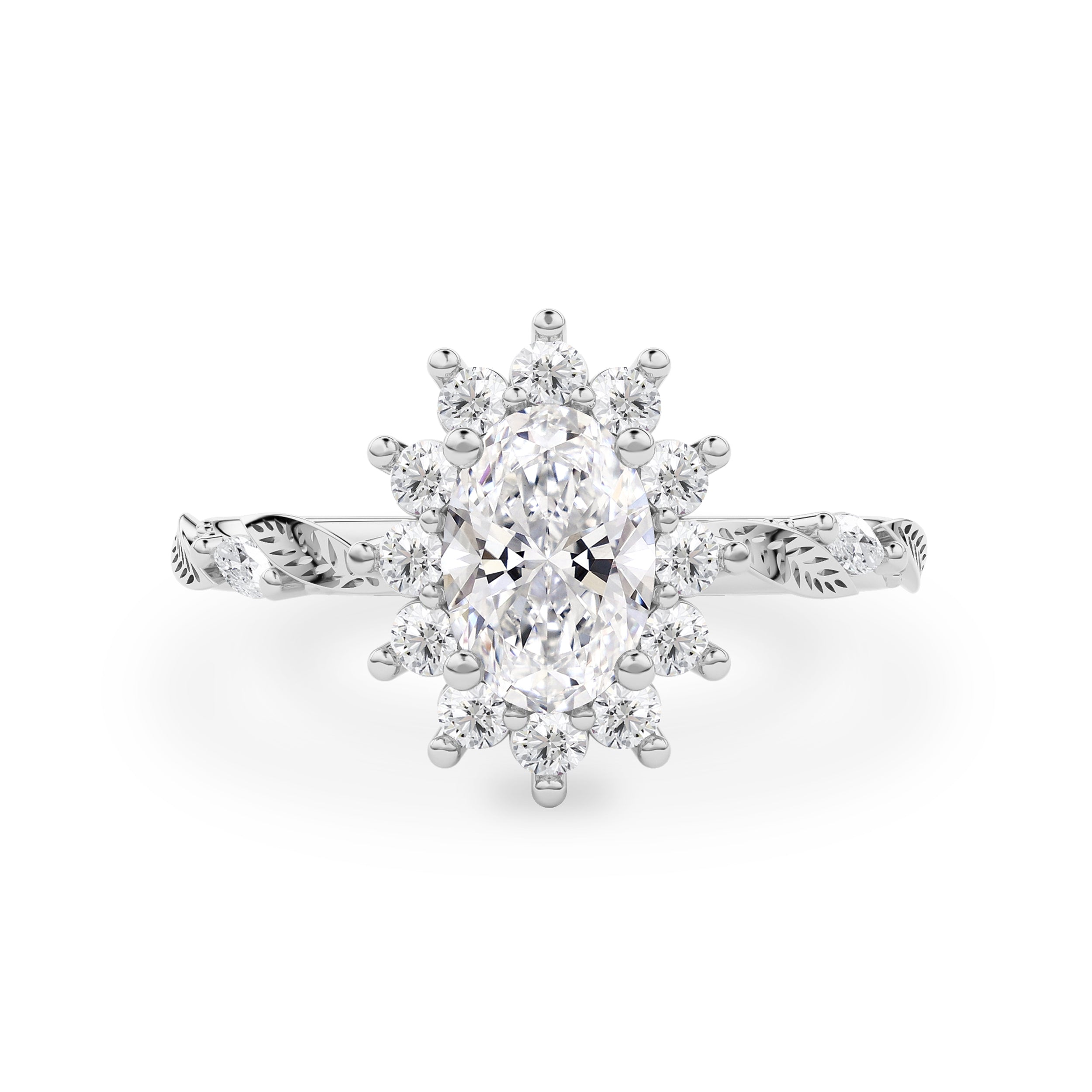 Brooke Nature Inspired Leaf Oval Halo Engagement Ring, Marquise Leaf Band