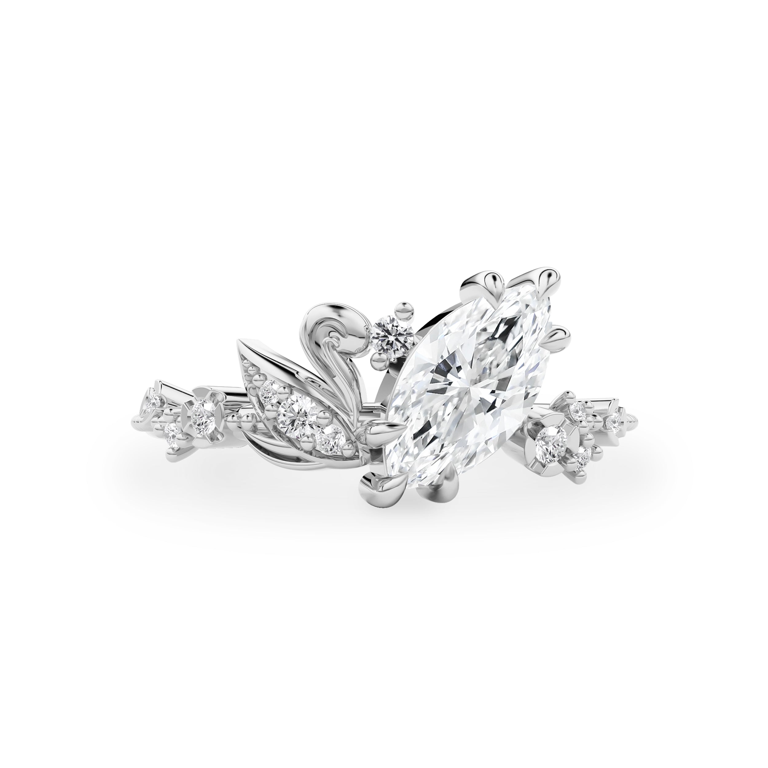 Marquise Love Swan Nature Inspired Engagement Ring, Marquise Cut With Single Swan