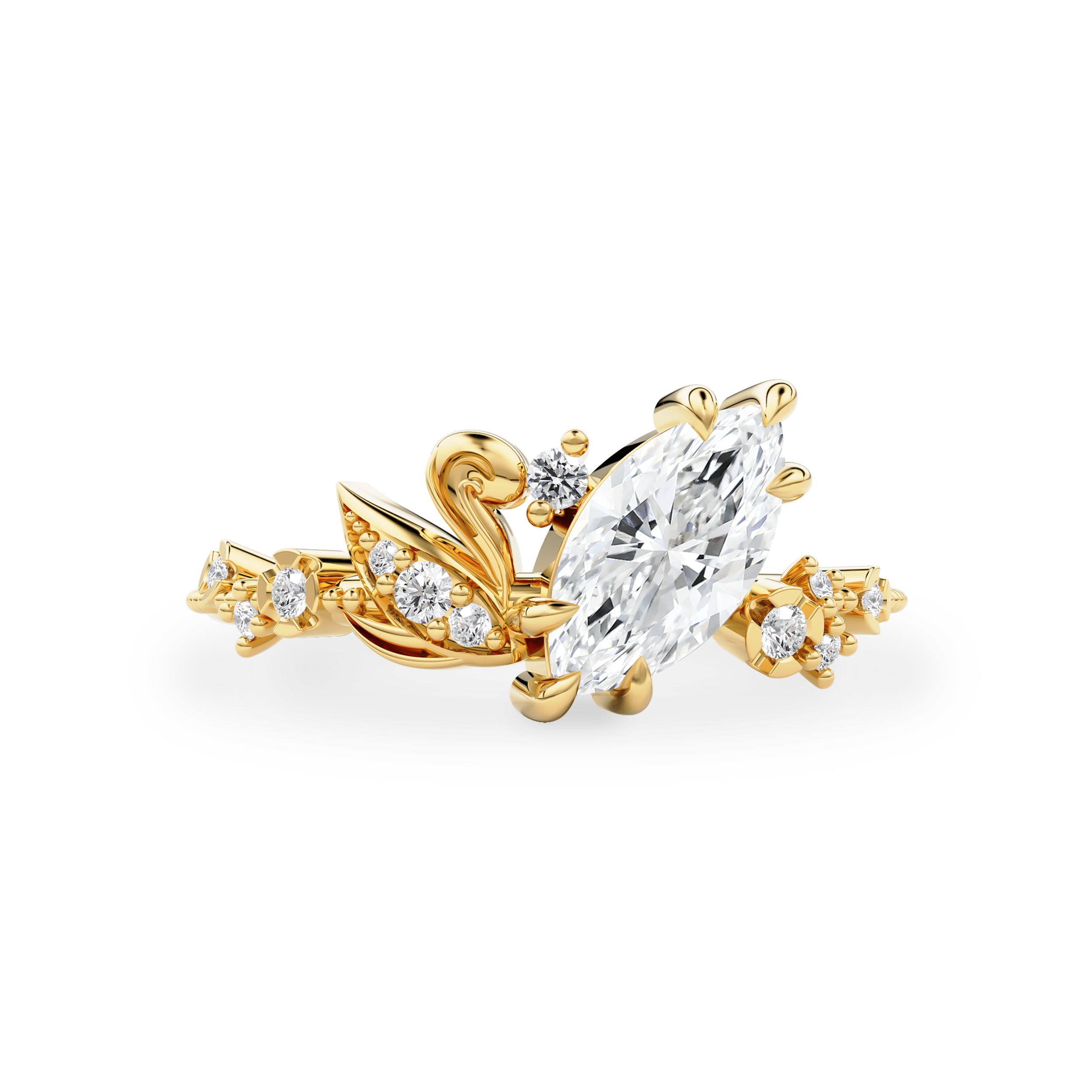 Marquise Love Swan Nature Inspired Engagement Ring, Marquise Cut With Single Swan