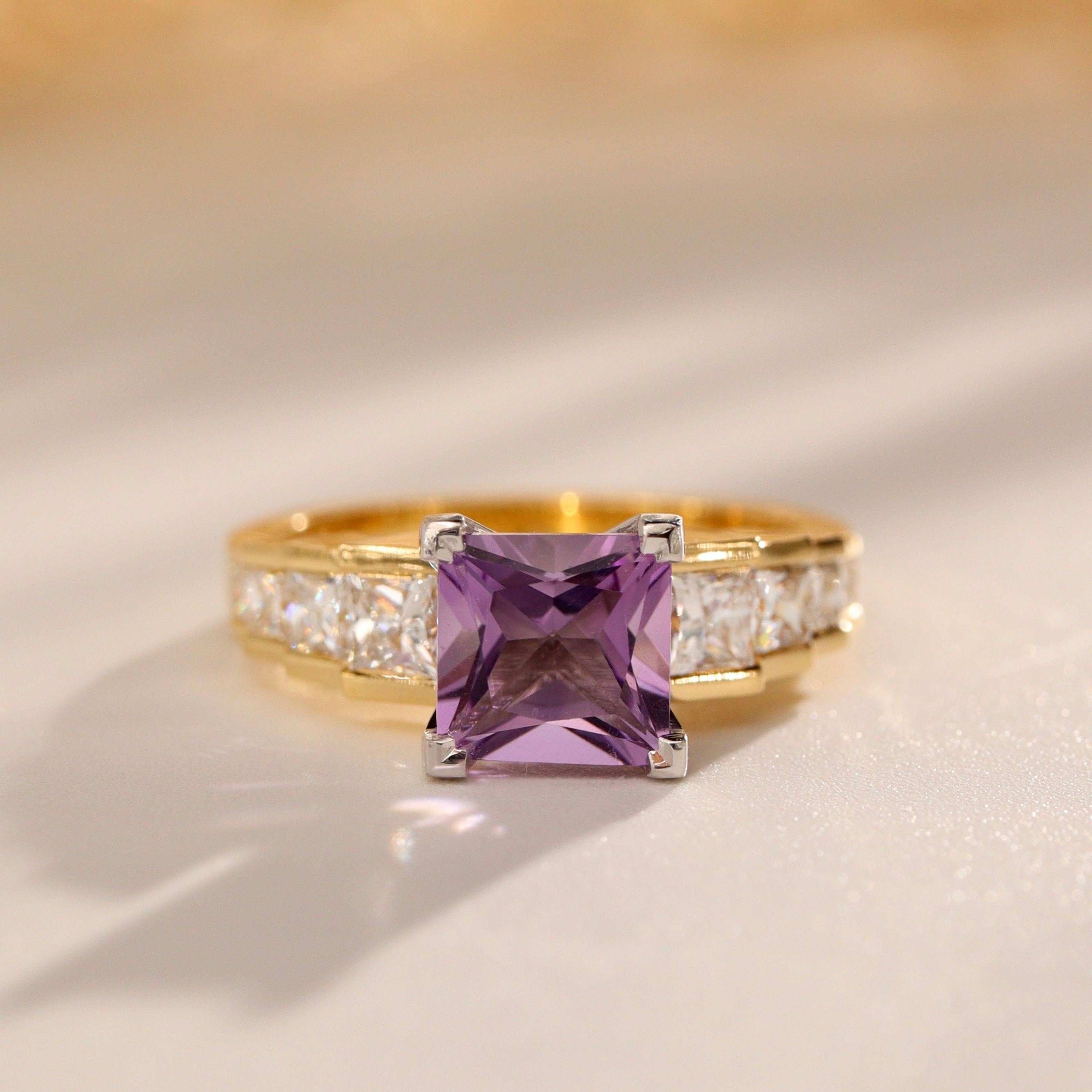 Bespoke #9161 - Two Tone Princess Cut Amethyst Stepped Design Engagement Ring
