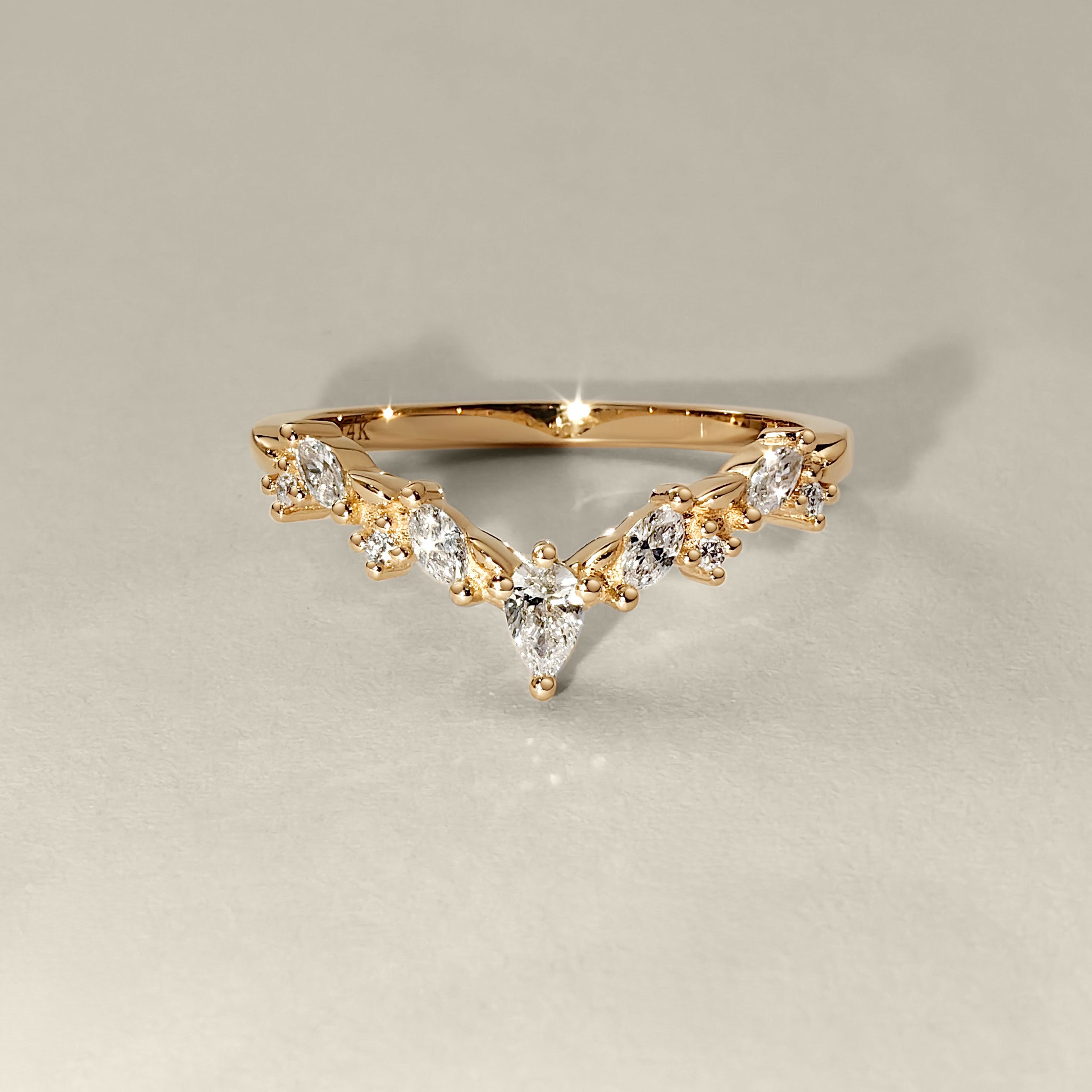 Curved Leaf Art Deco V Half Eternity Ring, Pear With Round