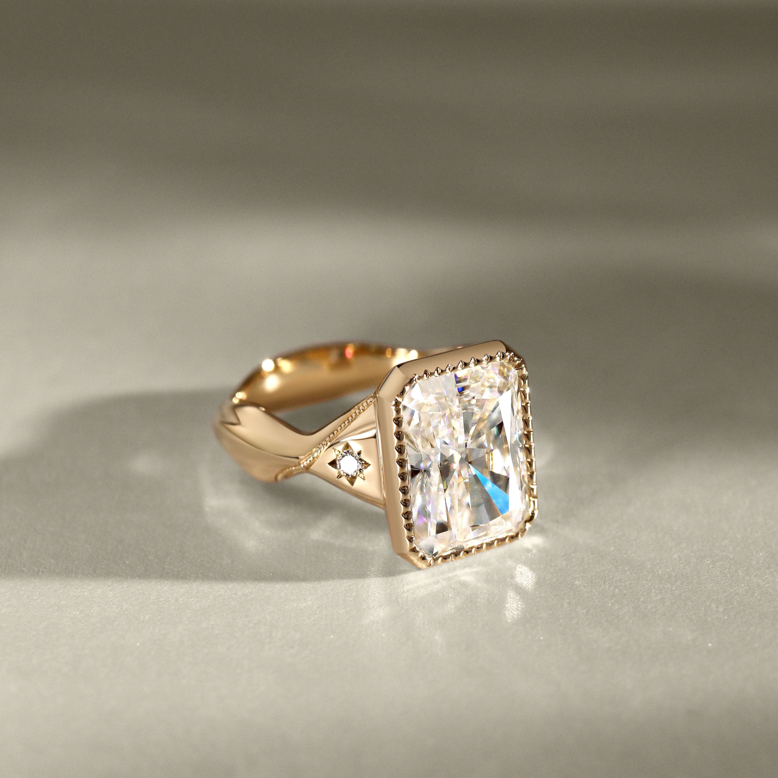 Bespoke #9175 - Custom 11x8mm Radiant Moissanite Wavy Milgrain Band Bezel Ring, w/ Star Set