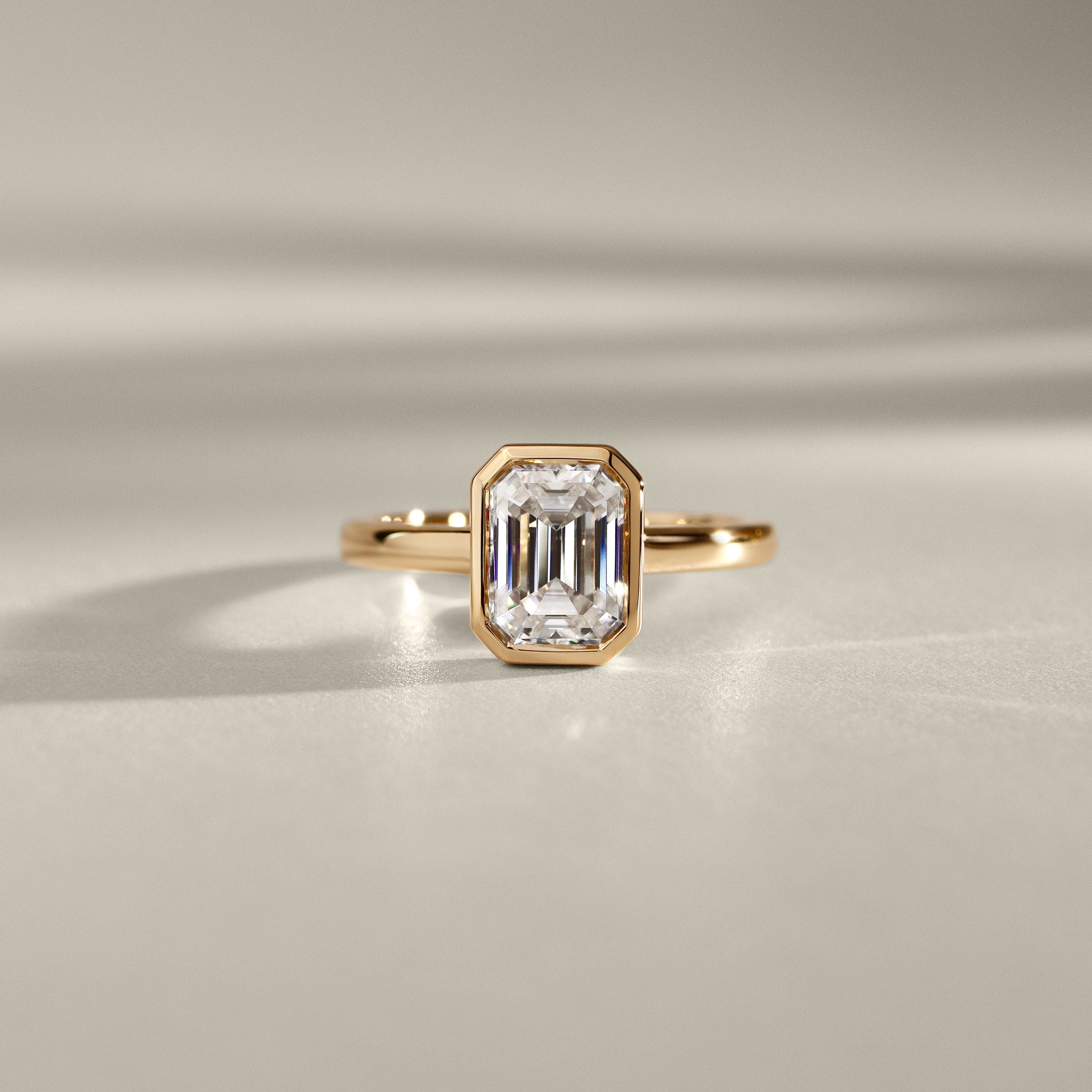 Carmen Emerald Full Bezel Engagement Ring, Moissanite/Lab Diamond