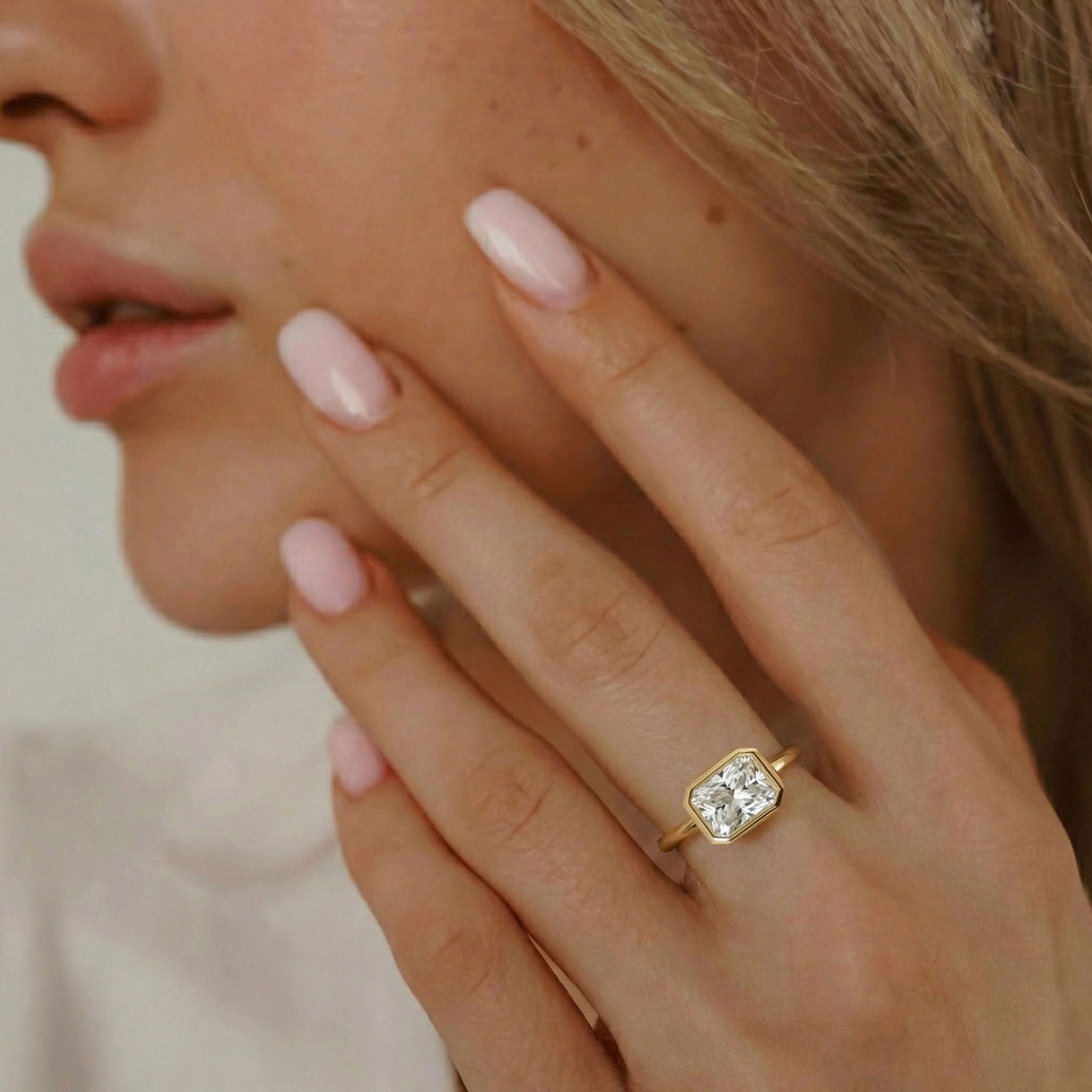 Carmen Radiant East-West Bezel Engagement Ring, Moissanite/Lab Diamond