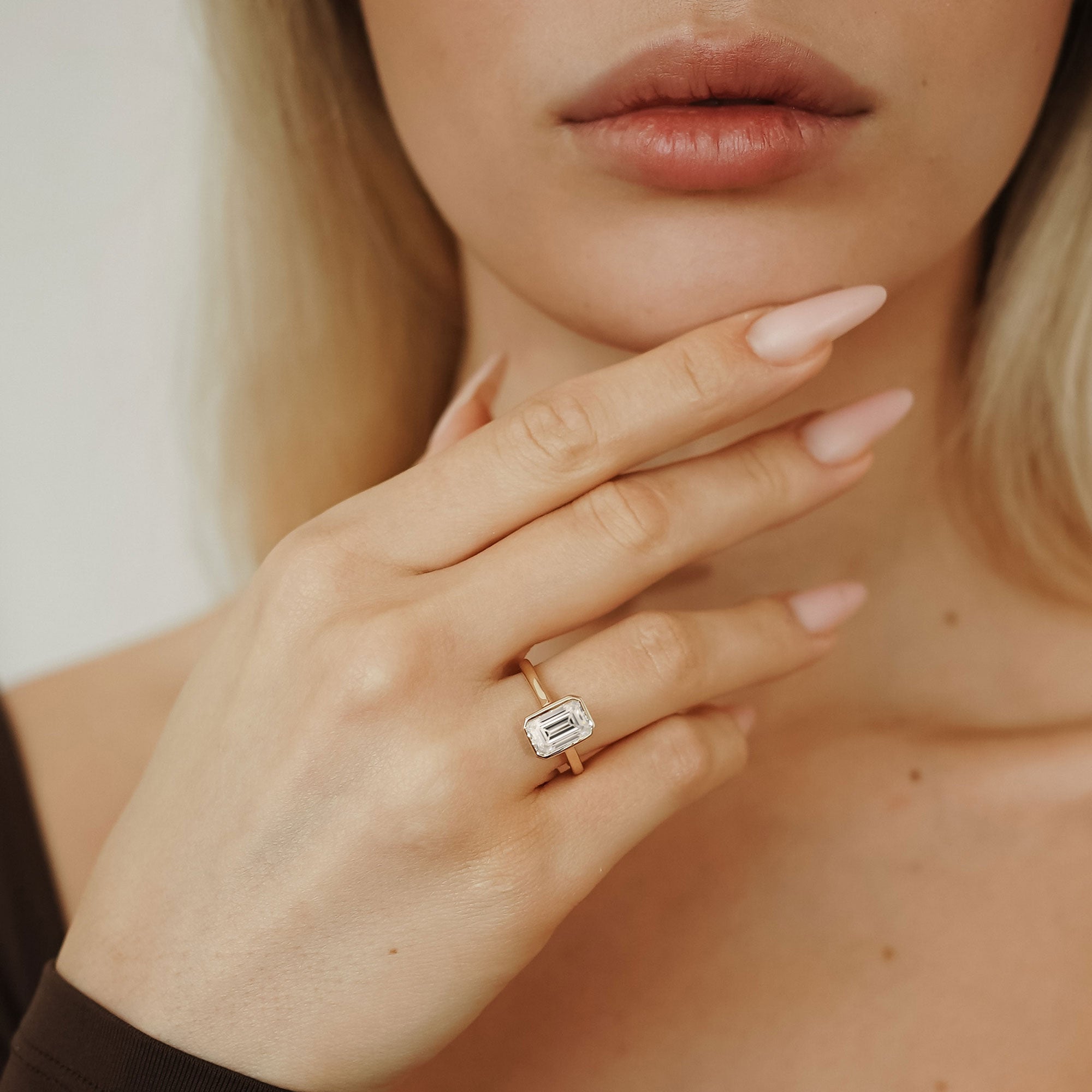 Carmen Emerald Full Bezel Engagement Ring, Moissanite/Lab Diamond