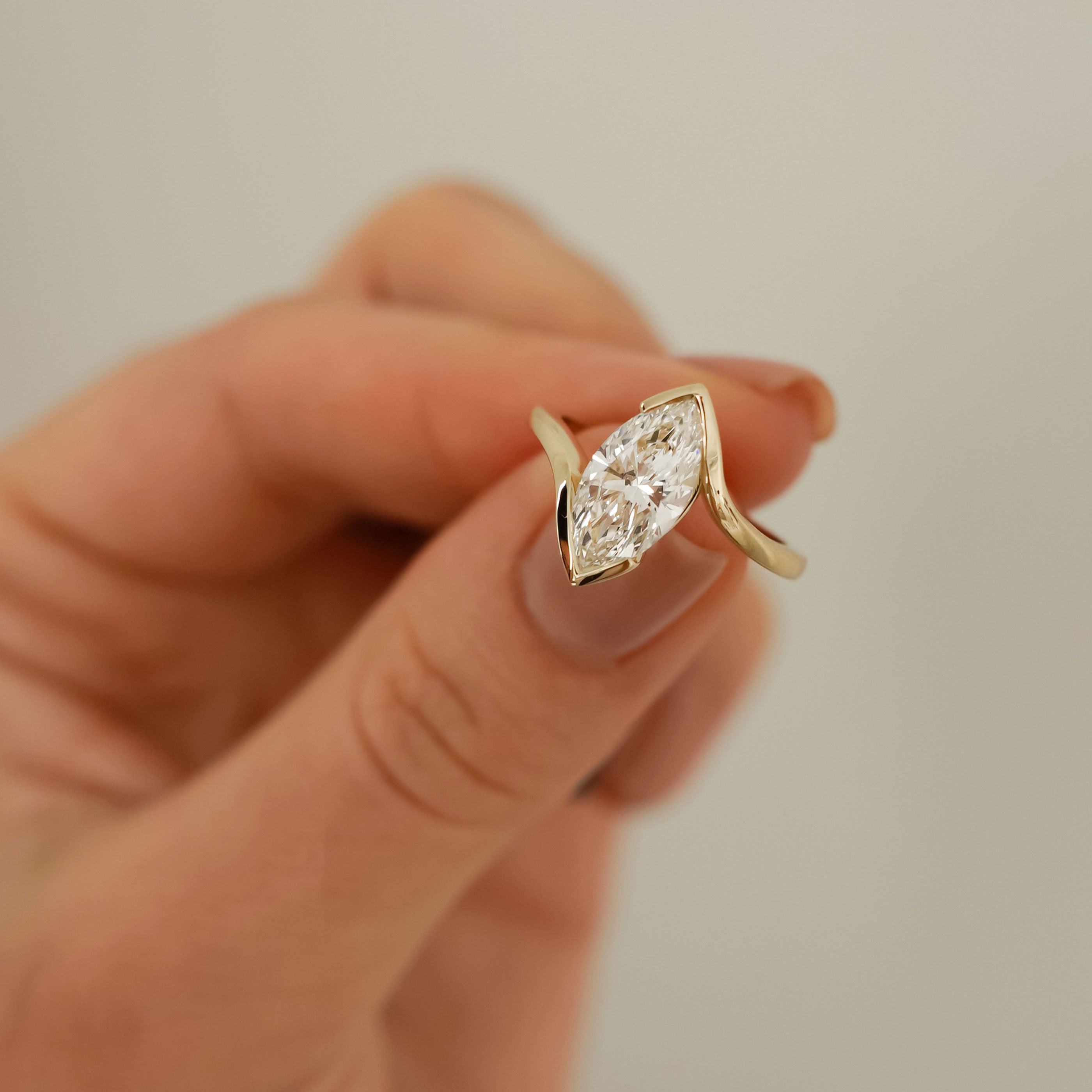 Selene Marquise Cut Half Bezel Bypass Solitaire Engagement Ring, Moissanite/Lab Diamond